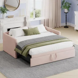 Merax Twin Size Velvet Daybed with Extended Pop Up Trundle, Upholstered Sofa Bed Daybed, Space-Saving Twin to King Design for Guest Room, Pink