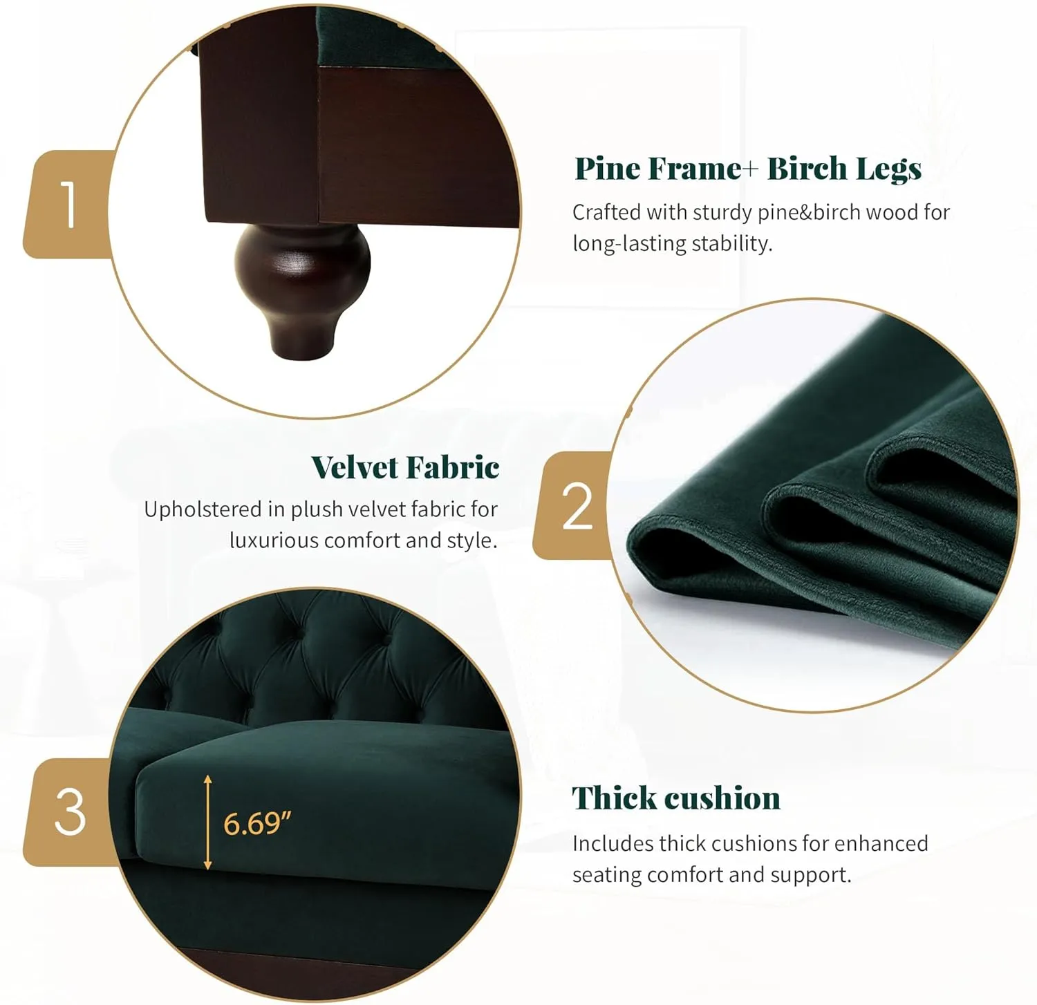 Merax Velvet Chesterfield Sofa, Retro Style Upholstered 3 Seater Leather Couch Rolled Arm for Living Room Bedroom Office, Dark Green