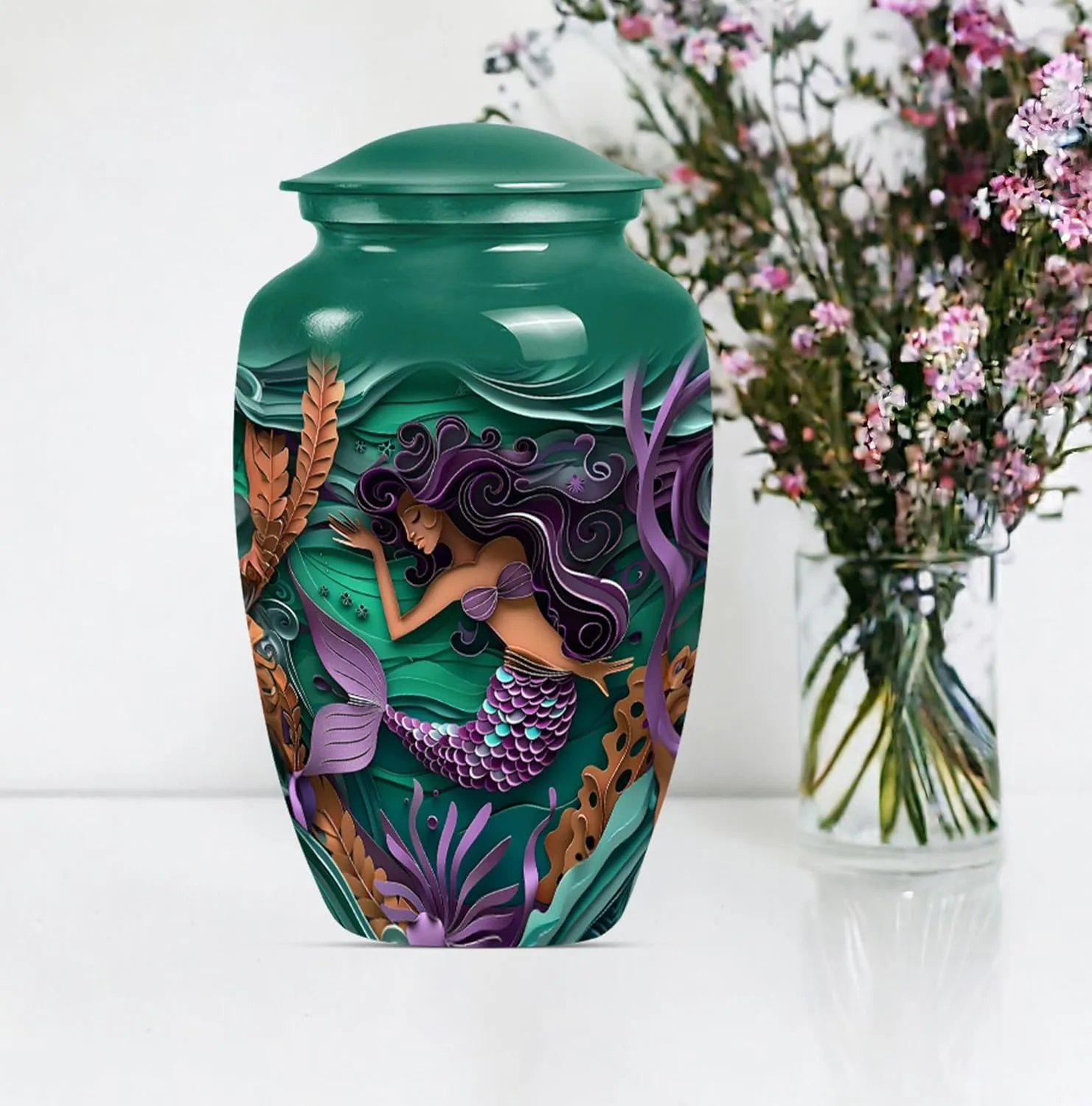 Mermaid Garden - Ashes Urn Adult - Urns For Ashes Adult Male - Combo Of 1 Large Urn With Velvet Bag And 4 Small - Human Remains Urn - Funeral Urn Ashes - Memorial Urns - Ash Urns For Humans
