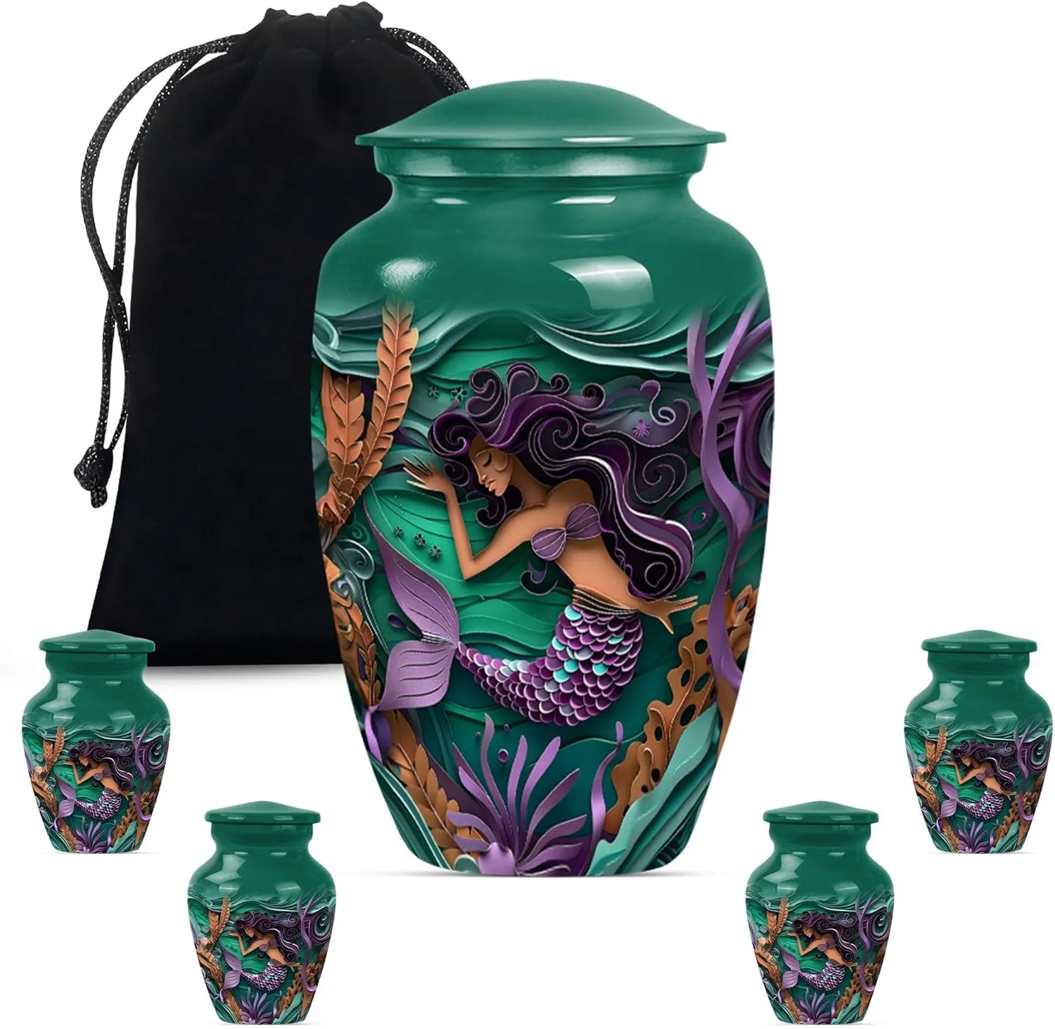 Mermaid Garden - Ashes Urn Adult - Urns For Ashes Adult Male - Combo Of 1 Large Urn With Velvet Bag And 4 Small - Human Remains Urn - Funeral Urn Ashes - Memorial Urns - Ash Urns For Humans