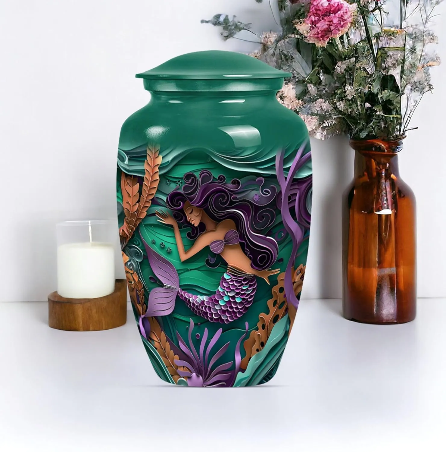 Mermaid Garden - Ashes Urn Adult - Urns For Ashes Adult Male - Combo Of 1 Large Urn With Velvet Bag And 4 Small - Human Remains Urn - Funeral Urn Ashes - Memorial Urns - Ash Urns For Humans