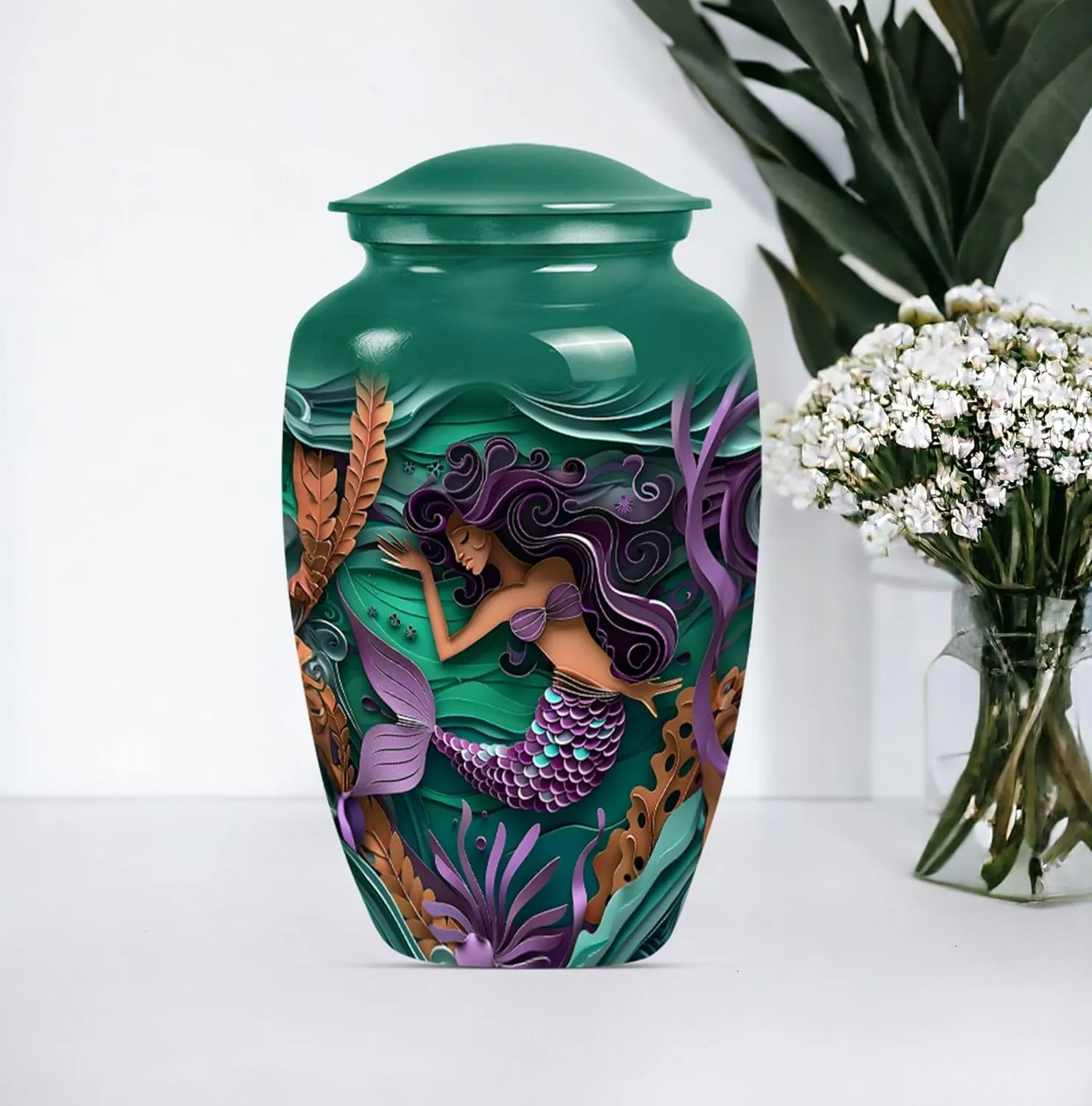 Mermaid Garden - Ashes Urn Adult - Urns For Ashes Adult Male - Combo Of 1 Large Urn With Velvet Bag And 4 Small - Human Remains Urn - Funeral Urn Ashes - Memorial Urns - Ash Urns For Humans