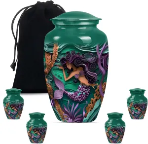 Mermaid Garden - Ashes Urn Adult - Urns For Ashes Adult Male - Combo Of 1 Large Urn With Velvet Bag And 4 Small - Human Remains Urn - Funeral Urn Ashes - Memorial Urns - Ash Urns For Humans