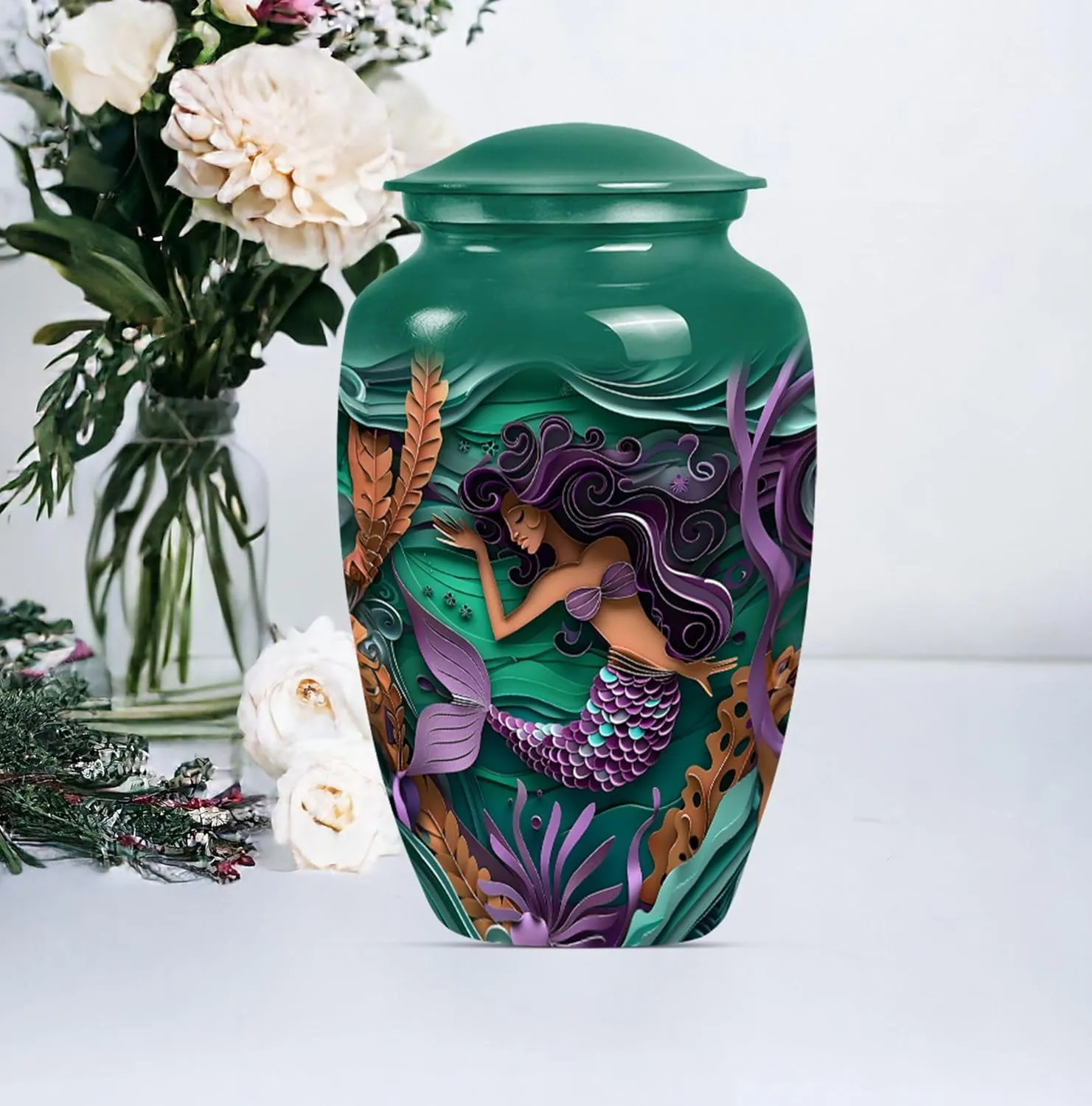Mermaid Garden - Ashes Urn Adult - Urns For Ashes Adult Male - Combo Of 1 Large Urn With Velvet Bag And 4 Small - Human Remains Urn - Funeral Urn Ashes - Memorial Urns - Ash Urns For Humans