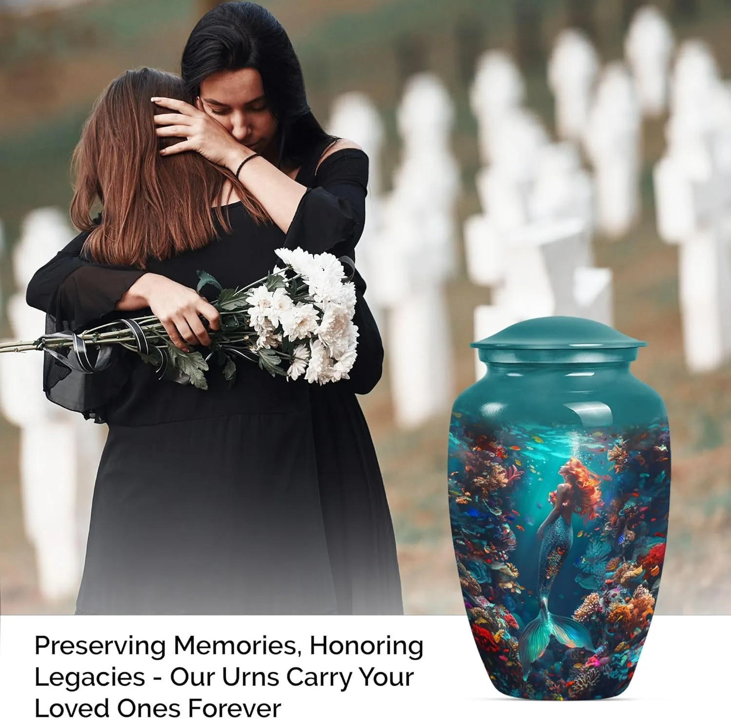 Mermaid Kingdom - Large Cremation Urns - Ashes Keepsake - Combo Of 1 Large Urn With Velvet Bag And 4 Small - Unique Urn - Burial Urns For Human Ashes - Funeral Urn - Urns For Adult Male Dad