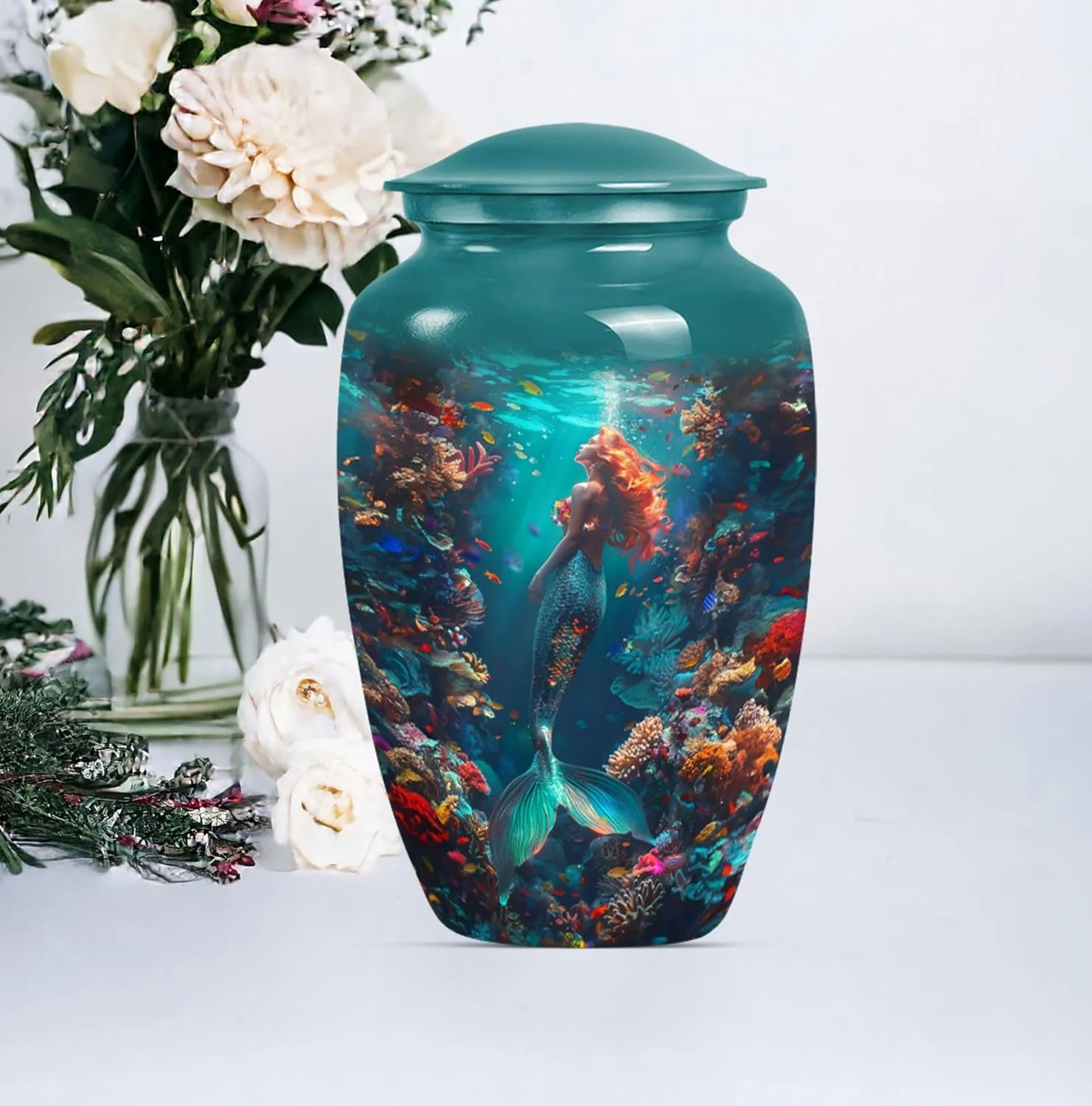 Mermaid Kingdom - Large Cremation Urns - Ashes Keepsake - Combo Of 1 Large Urn With Velvet Bag And 4 Small - Unique Urn - Burial Urns For Human Ashes - Funeral Urn - Urns For Adult Male Dad