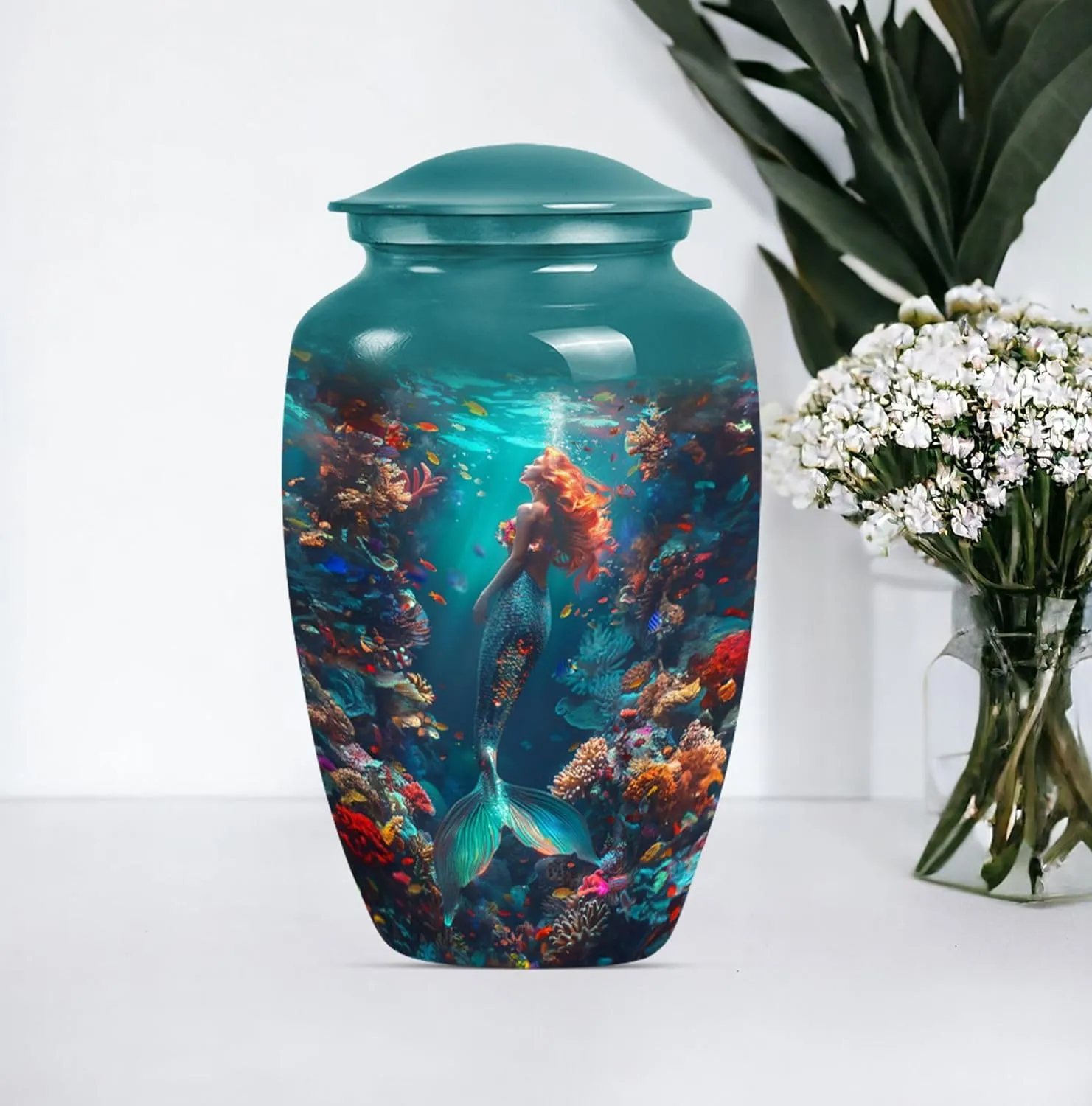 Mermaid Kingdom - Large Cremation Urns - Ashes Keepsake - Combo Of 1 Large Urn With Velvet Bag And 4 Small - Unique Urn - Burial Urns For Human Ashes - Funeral Urn - Urns For Adult Male Dad