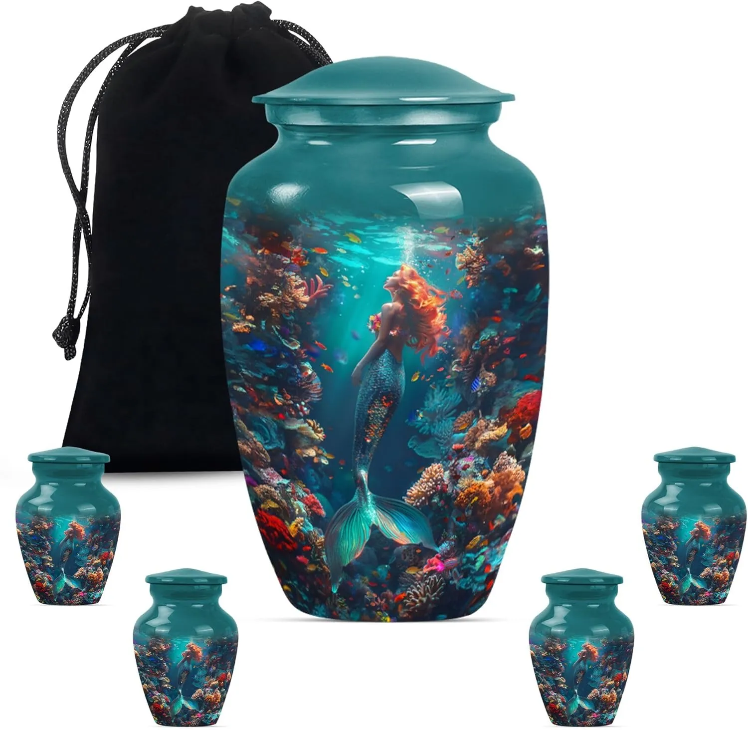 Mermaid Kingdom - Large Cremation Urns - Ashes Keepsake - Combo Of 1 Large Urn With Velvet Bag And 4 Small - Unique Urn - Burial Urns For Human Ashes - Funeral Urn - Urns For Adult Male Dad