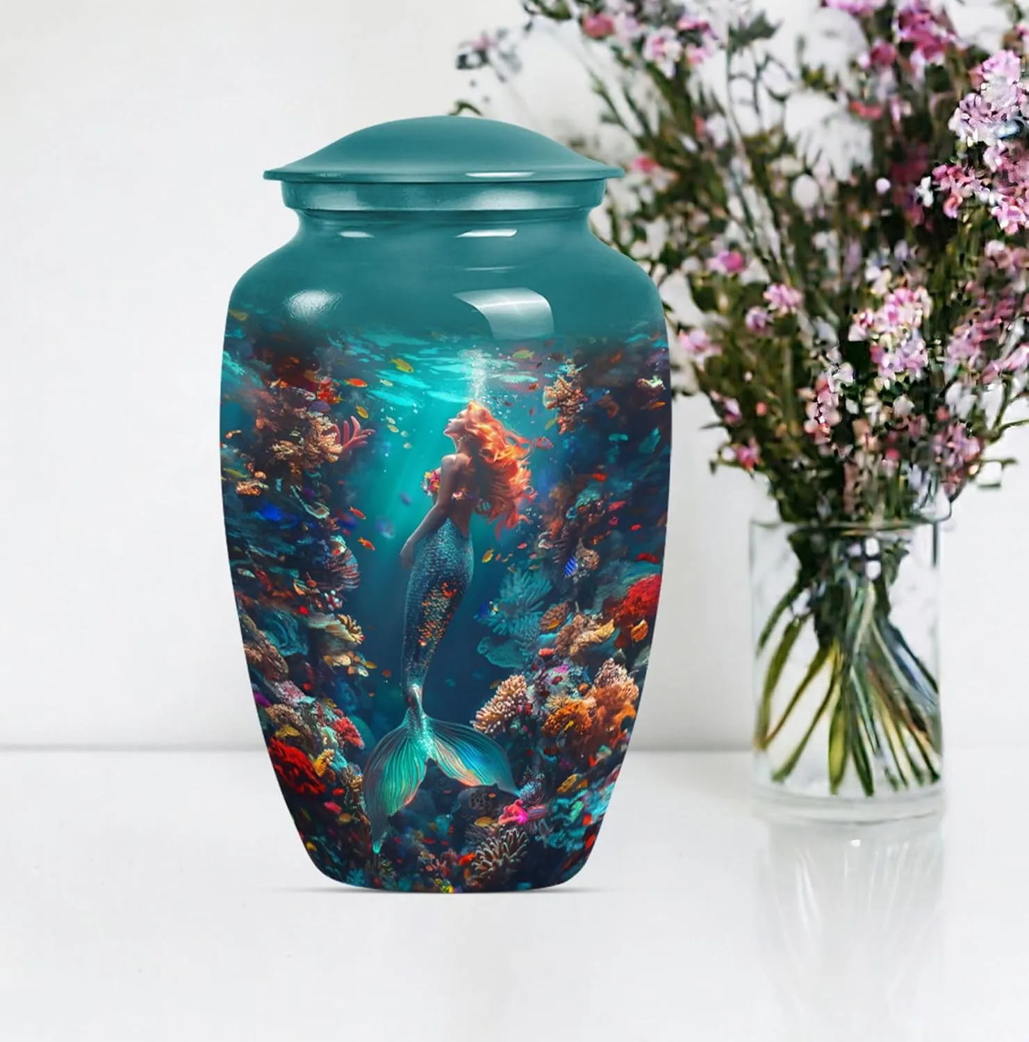 Mermaid Kingdom - Large Cremation Urns - Ashes Keepsake - Combo Of 1 Large Urn With Velvet Bag And 4 Small - Unique Urn - Burial Urns For Human Ashes - Funeral Urn - Urns For Adult Male Dad