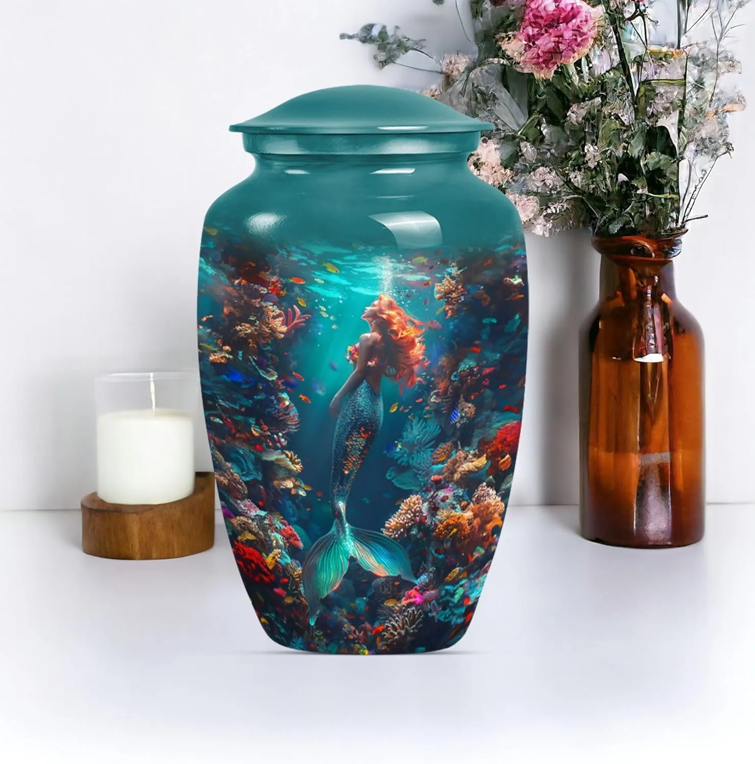 Mermaid Kingdom - Large Cremation Urns - Ashes Keepsake - Combo Of 1 Large Urn With Velvet Bag And 4 Small - Unique Urn - Burial Urns For Human Ashes - Funeral Urn - Urns For Adult Male Dad
