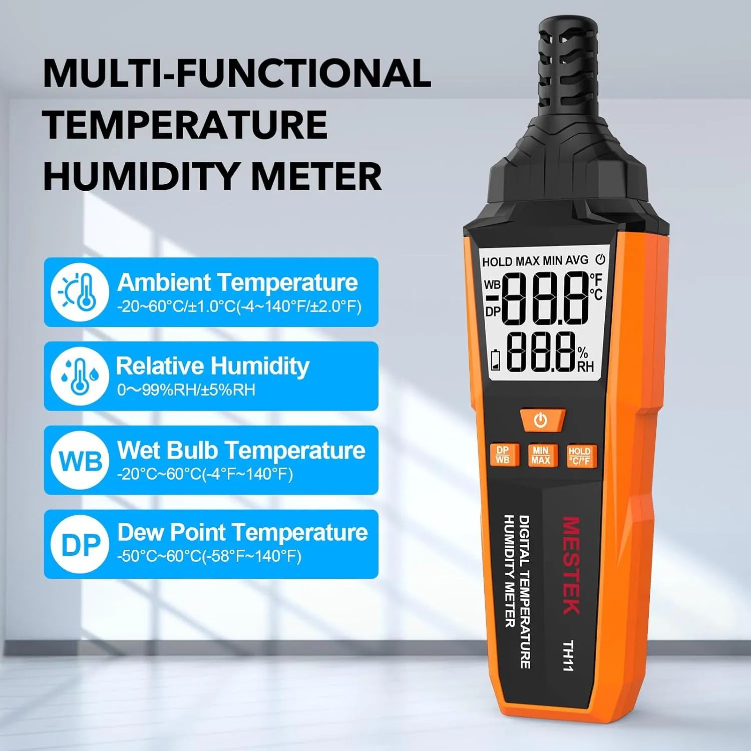 MESTEK Temperature Humidity Meter, High Precision Digital Hygrometer with Ambient, Dew Point, Wet Bulb Temperature for Indoor Outdoor, Thermometer with Min/Max, Data Hold, LCD Backlight, TH11