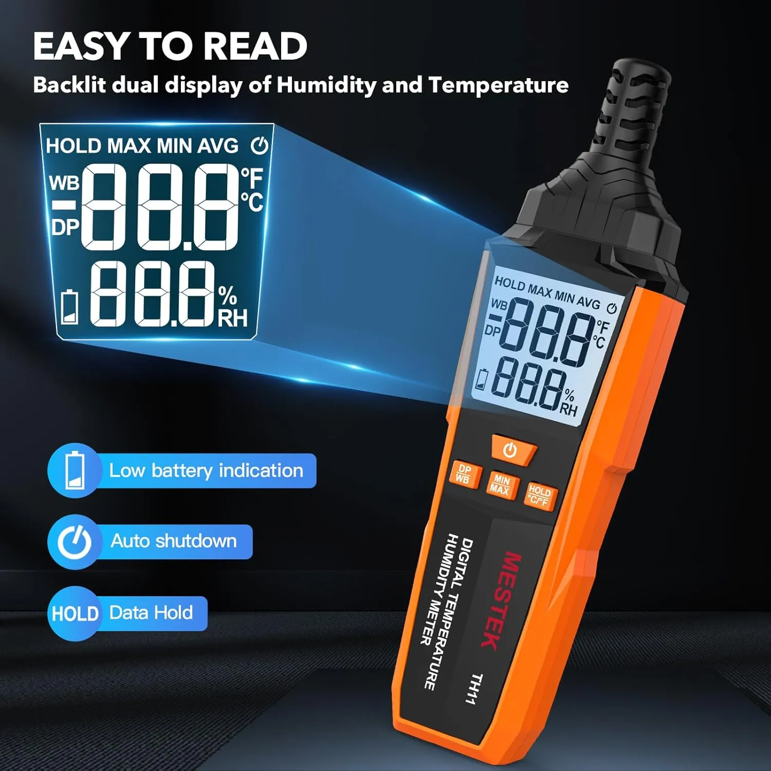 MESTEK Temperature Humidity Meter, High Precision Digital Hygrometer with Ambient, Dew Point, Wet Bulb Temperature for Indoor Outdoor, Thermometer with Min/Max, Data Hold, LCD Backlight, TH11