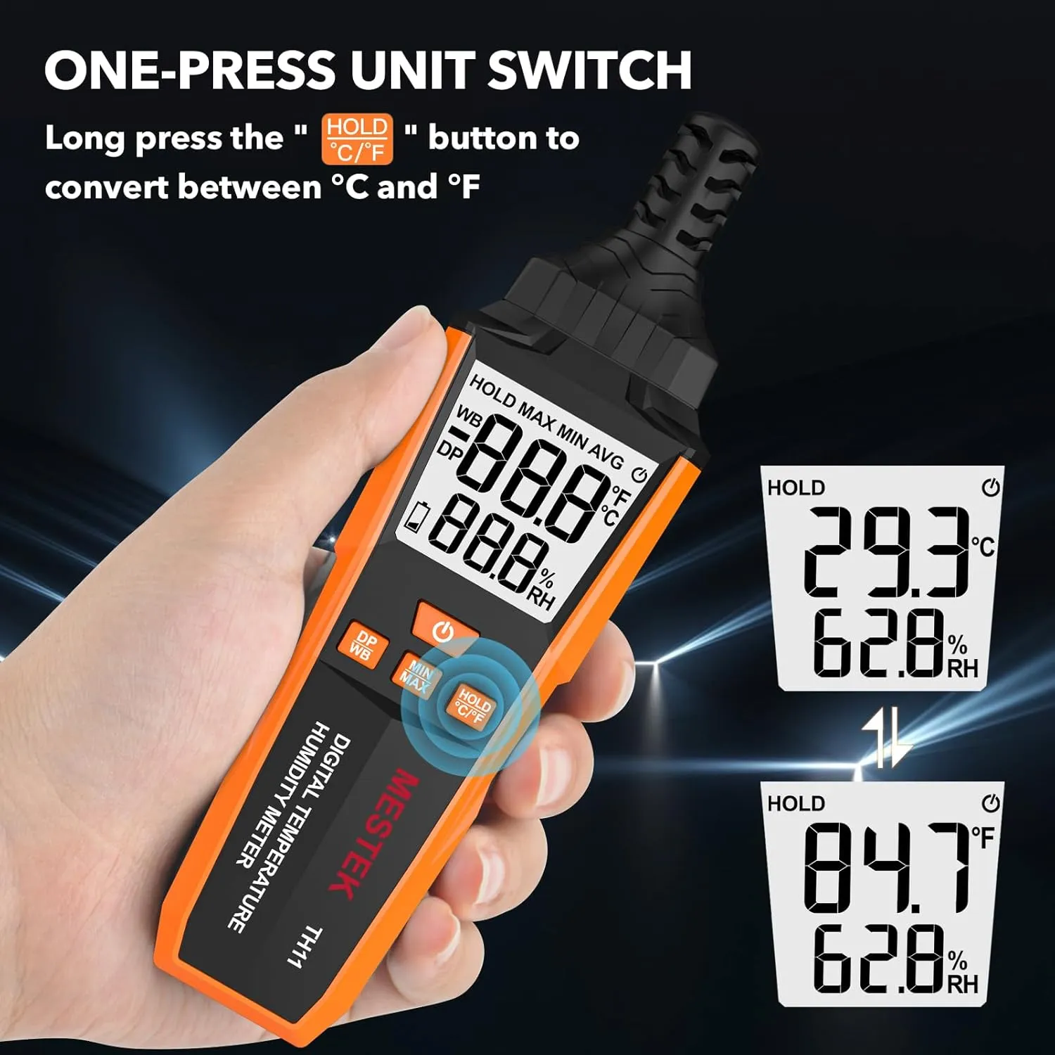 MESTEK Temperature Humidity Meter, High Precision Digital Hygrometer with Ambient, Dew Point, Wet Bulb Temperature for Indoor Outdoor, Thermometer with Min/Max, Data Hold, LCD Backlight, TH11