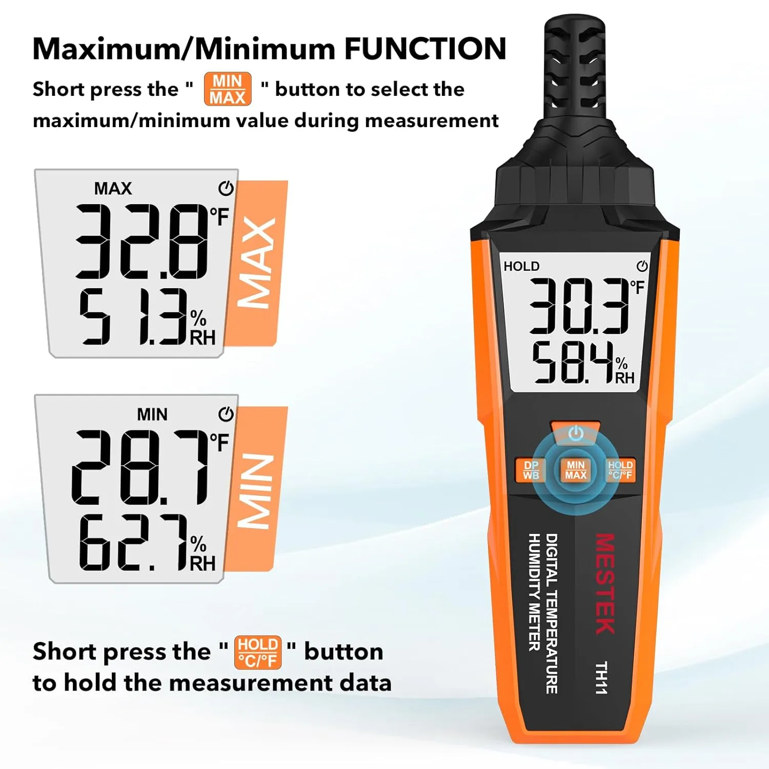 MESTEK Temperature Humidity Meter, High Precision Digital Hygrometer with Ambient, Dew Point, Wet Bulb Temperature for Indoor Outdoor, Thermometer with Min/Max, Data Hold, LCD Backlight, TH11