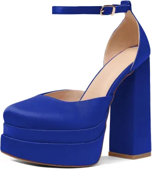 Mettesally Women's Stacked Platform High Heels Square Toe Chunky Thick Heel Sandals Ankle Strap Block Heeled Pumps Fashion Party Platform Shoes