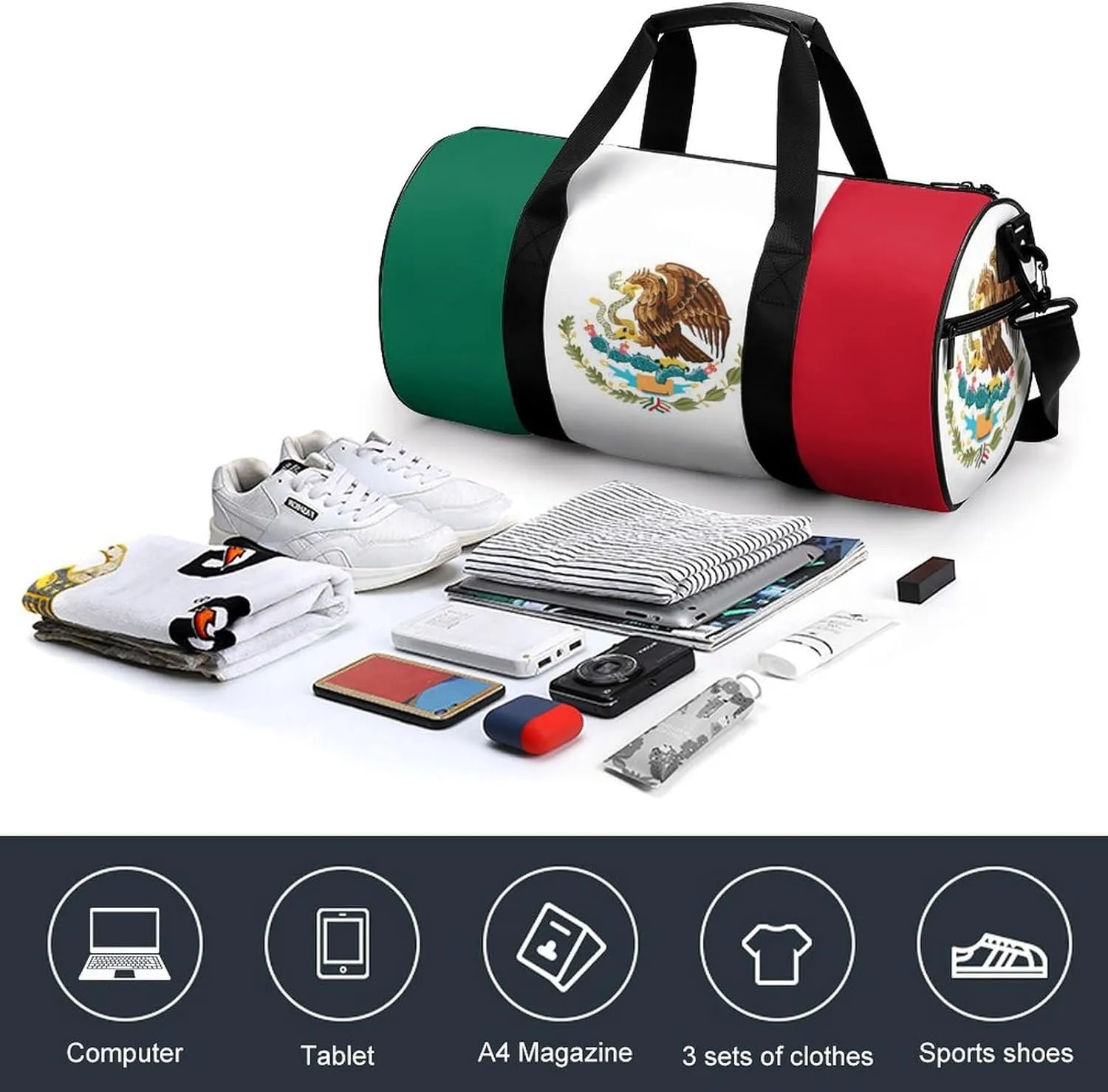 Mexican Flag Waterproof Sports Gym Bag with Dry Wet Separation for Travel Overnight