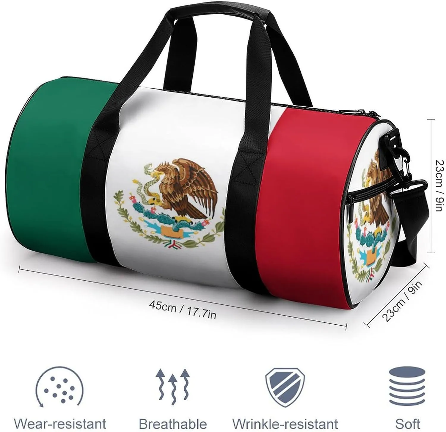 Mexican Flag Waterproof Sports Gym Bag with Dry Wet Separation for Travel Overnight
