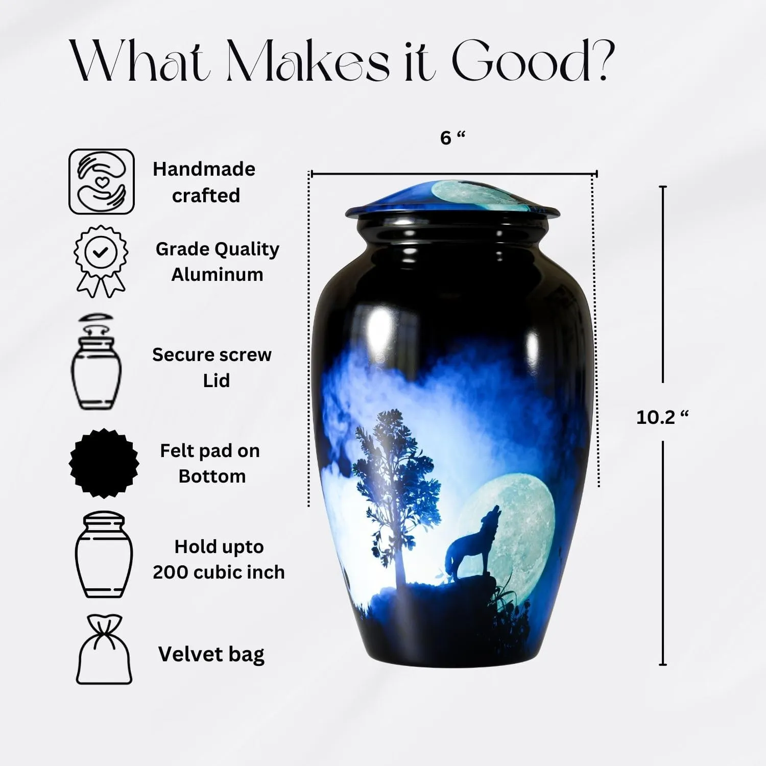 Midnight Wolves Cremation Urns – Wolf Urn for Adult Ashes Man - Women – Wolves Howling at Moon – Moonlit Memorial Urn with Velvet Storage Bag for Mom (Adult) Hold 200 Cubic Inch Ash