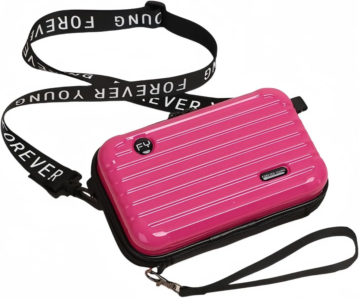Mini Luggage Crossbody Bag - Stylish and Durable Hard Shell Travel Purse with Adjustable Forever Young Strap for Women - Rose Red