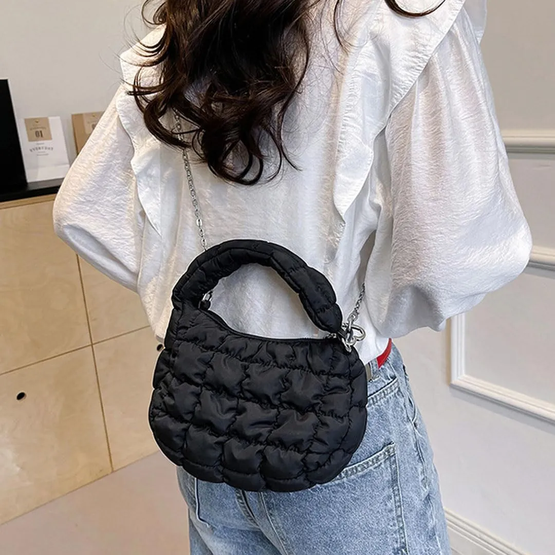Mini Puffer Tote Bag for Women Quilted Carryall Bag Puffy Purse Puffer Crossbody Bag Shoulder Bag Nylon Crescent Bag