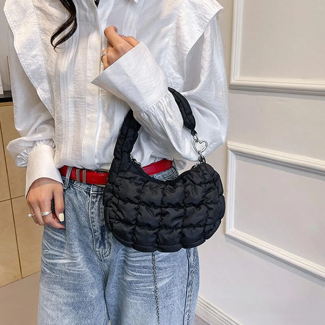 Mini Puffer Tote Bag for Women Quilted Carryall Bag Puffy Purse Puffer Crossbody Bag Shoulder Bag Nylon Crescent Bag