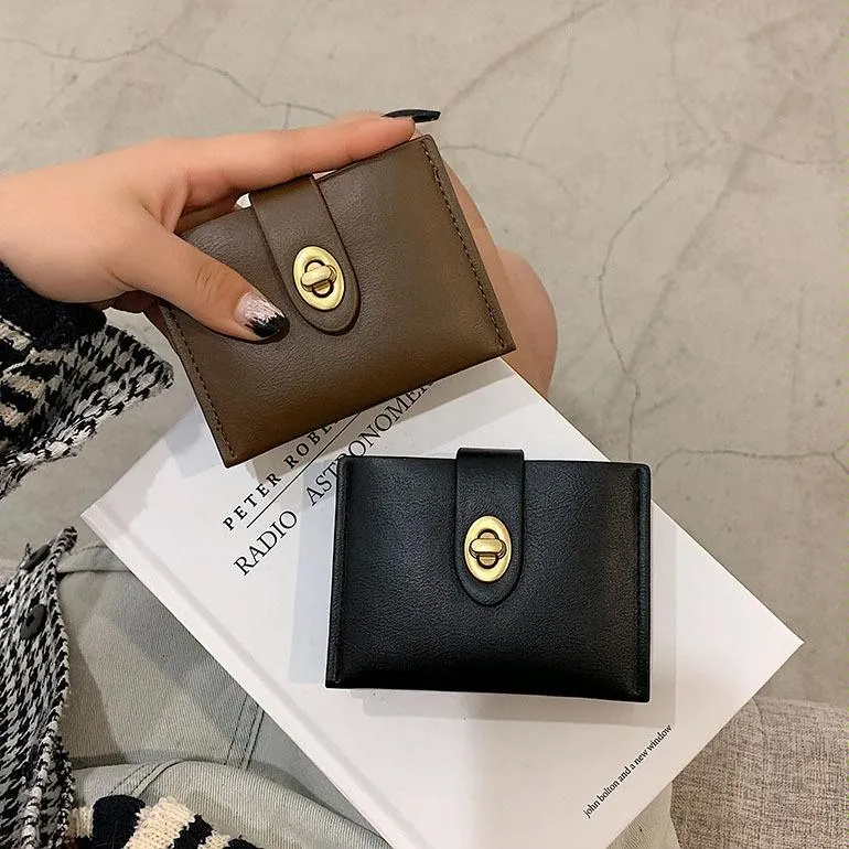 Mini Retro Lock Coin Purse Multi Slot Pu Leather Card Bag - Black