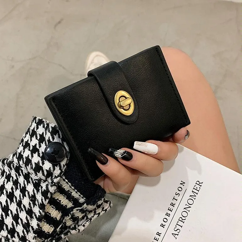Mini Retro Lock Coin Purse Multi Slot Pu Leather Card Bag - Black