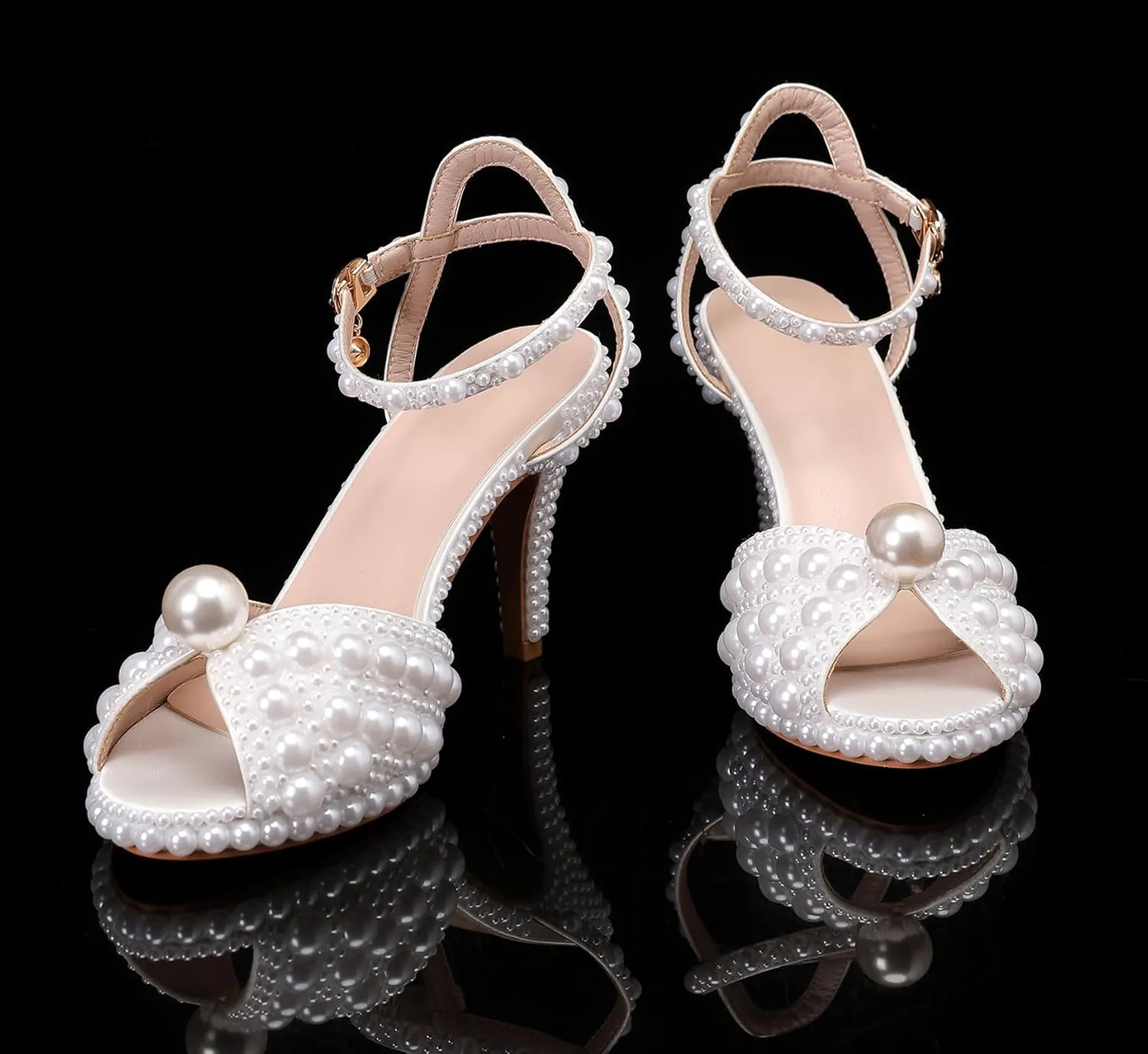 Minishion Womens Platform Wedding Shoes Slingback High Heel Party Evening Sandals with Pearl