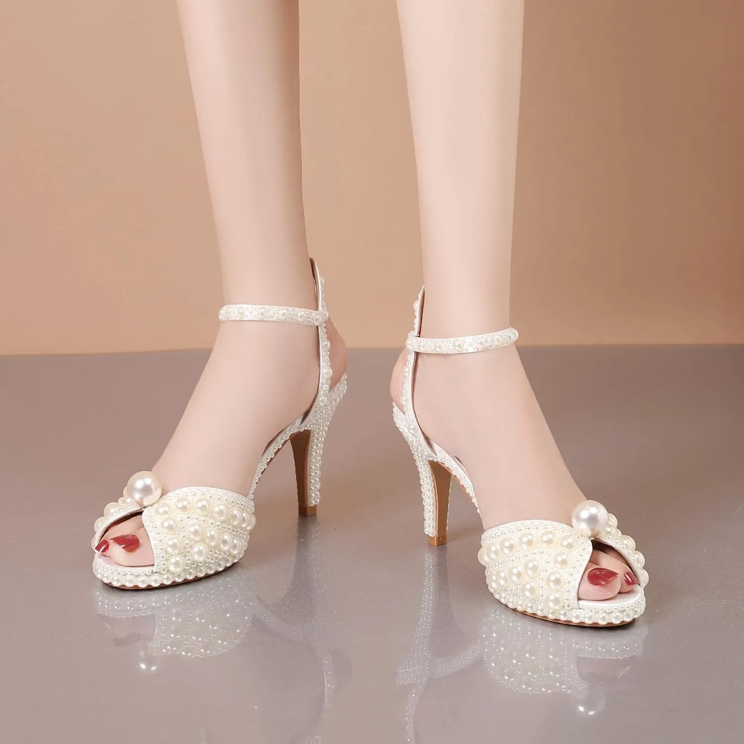 Minishion Womens Platform Wedding Shoes Slingback High Heel Party Evening Sandals with Pearl
