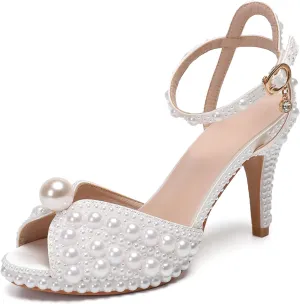 Minishion Womens Platform Wedding Shoes Slingback High Heel Party Evening Sandals with Pearl