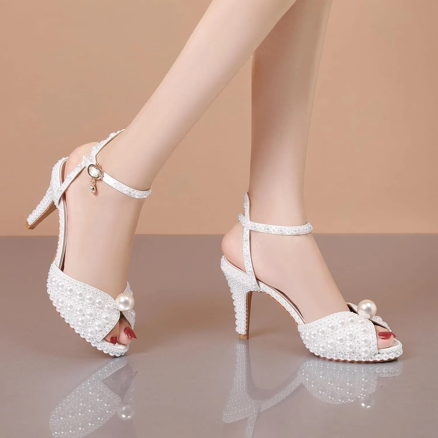 Minishion Womens Platform Wedding Shoes Slingback High Heel Party Evening Sandals with Pearl