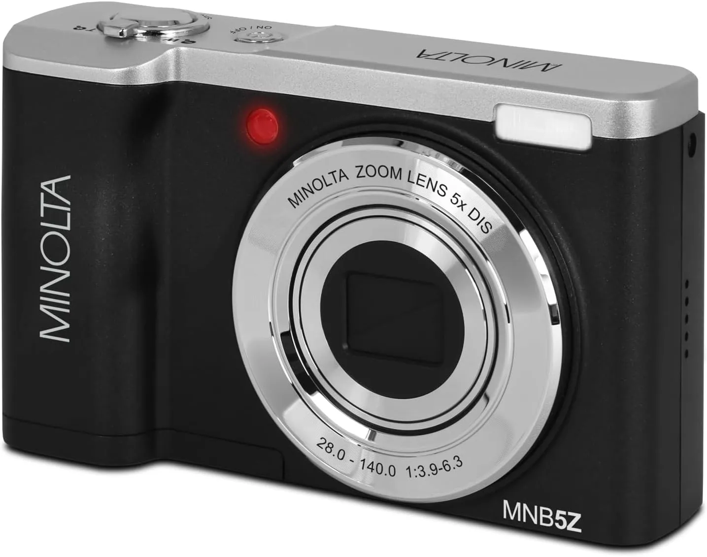 Minolta 56MP Dual Lens Digital Camera – 5X Optical Zoom, 5K Ultra HD Video, CMOS Sensor, 2.8-inch LCD Screen, Stabilization, Selfie Lens, 32GB Card, Rechargeable Battery (Black)