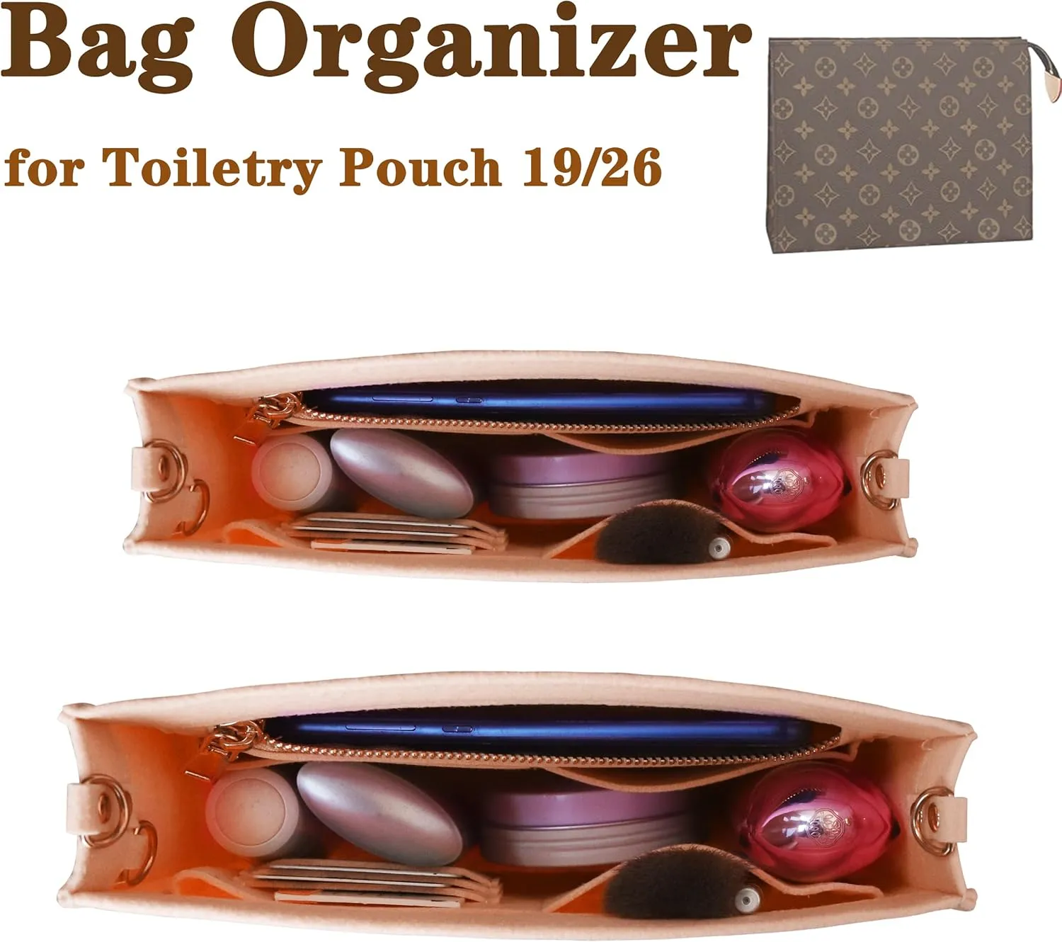MISIXILE Felt Purse Insert Bag Organizer with Zipper And Gold Buckles,Handbag Organiser Insert fits Toiletry Pouch 19 26
