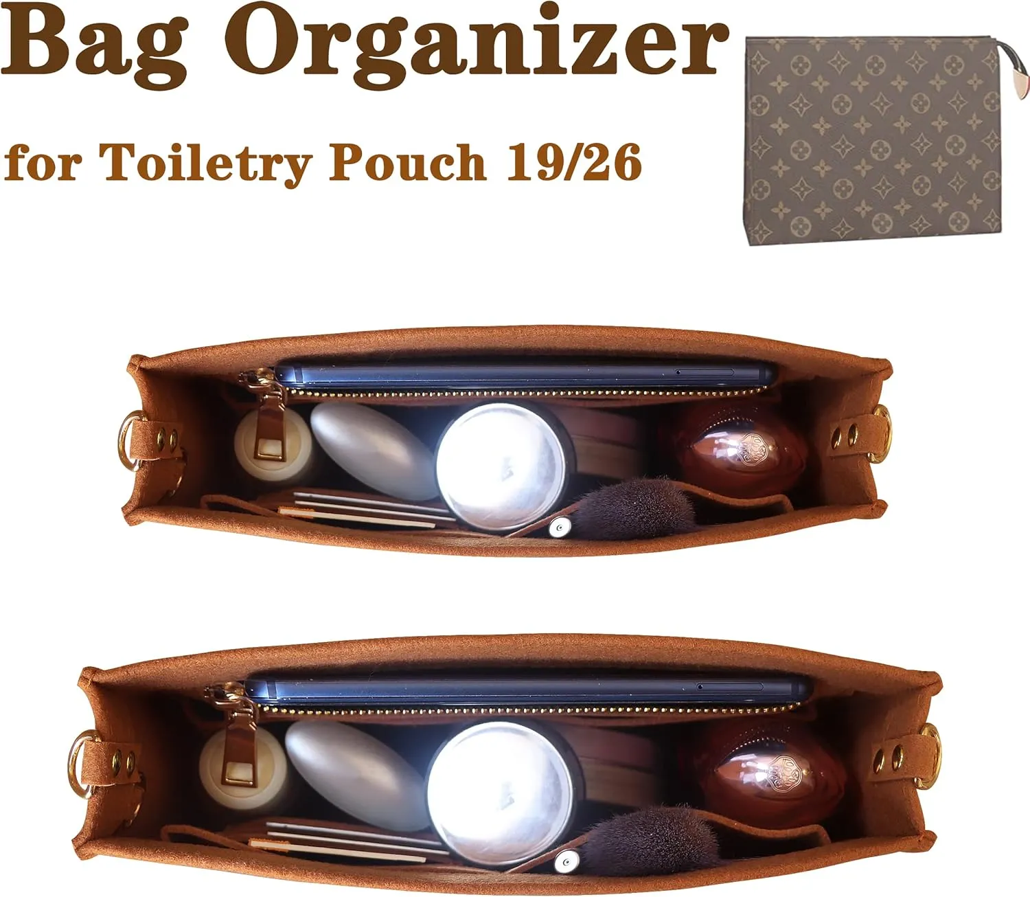 MISIXILE Felt Purse Insert Bag Organizer with Zipper And Gold Buckles,Handbag Organiser Insert fits Toiletry Pouch 19 26