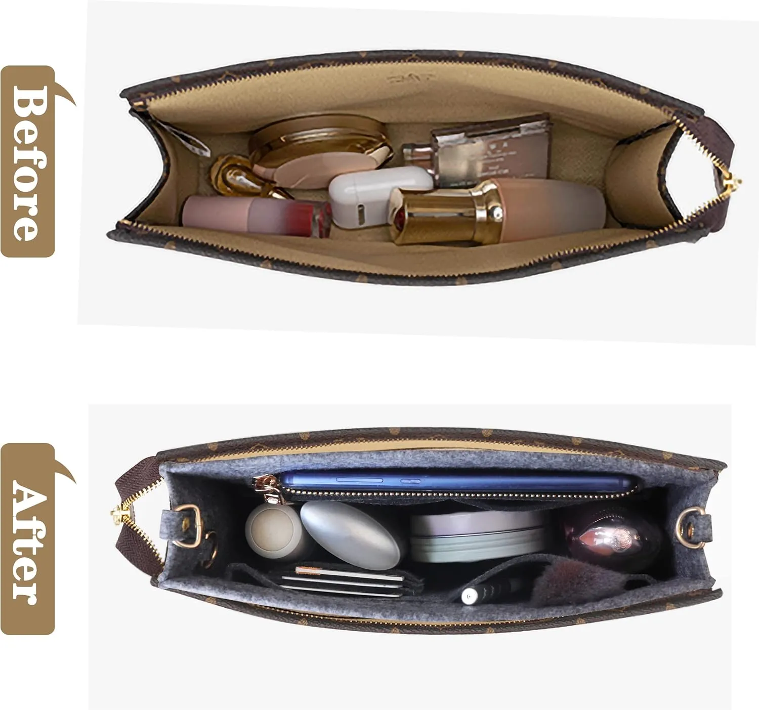 MISIXILE Felt Purse Insert Bag Organizer with Zipper And Gold Buckles,Handbag Organiser Insert fits Toiletry Pouch 19 26