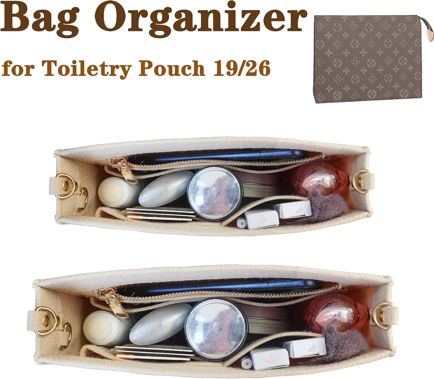 MISIXILE Felt Purse Insert Bag Organizer with Zipper And Gold Buckles,Handbag Organiser Insert fits Toiletry Pouch 19 26