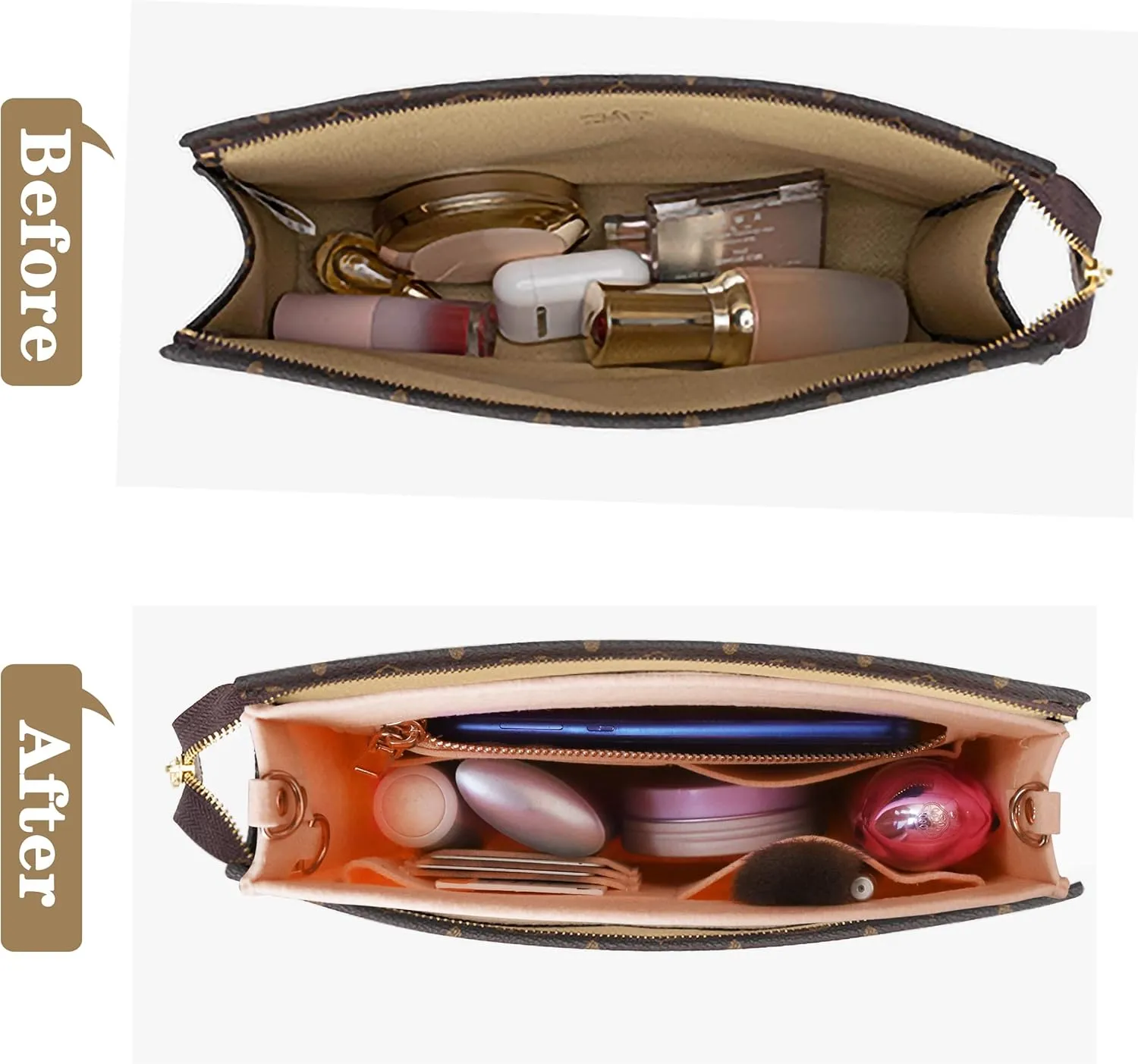 MISIXILE Felt Purse Insert Bag Organizer with Zipper And Gold Buckles,Handbag Organiser Insert fits Toiletry Pouch 19 26