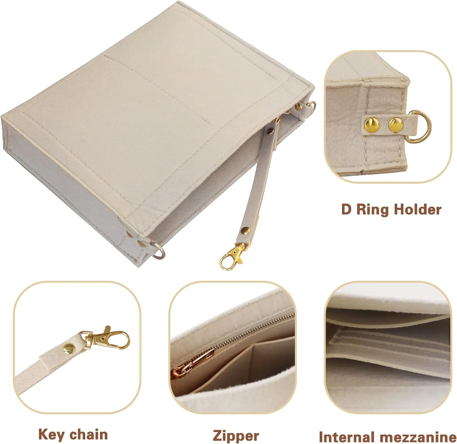 MISIXILE Felt Purse Insert Bag Organizer with Zipper And Gold Buckles,Handbag Organiser Insert fits Toiletry Pouch 19 26