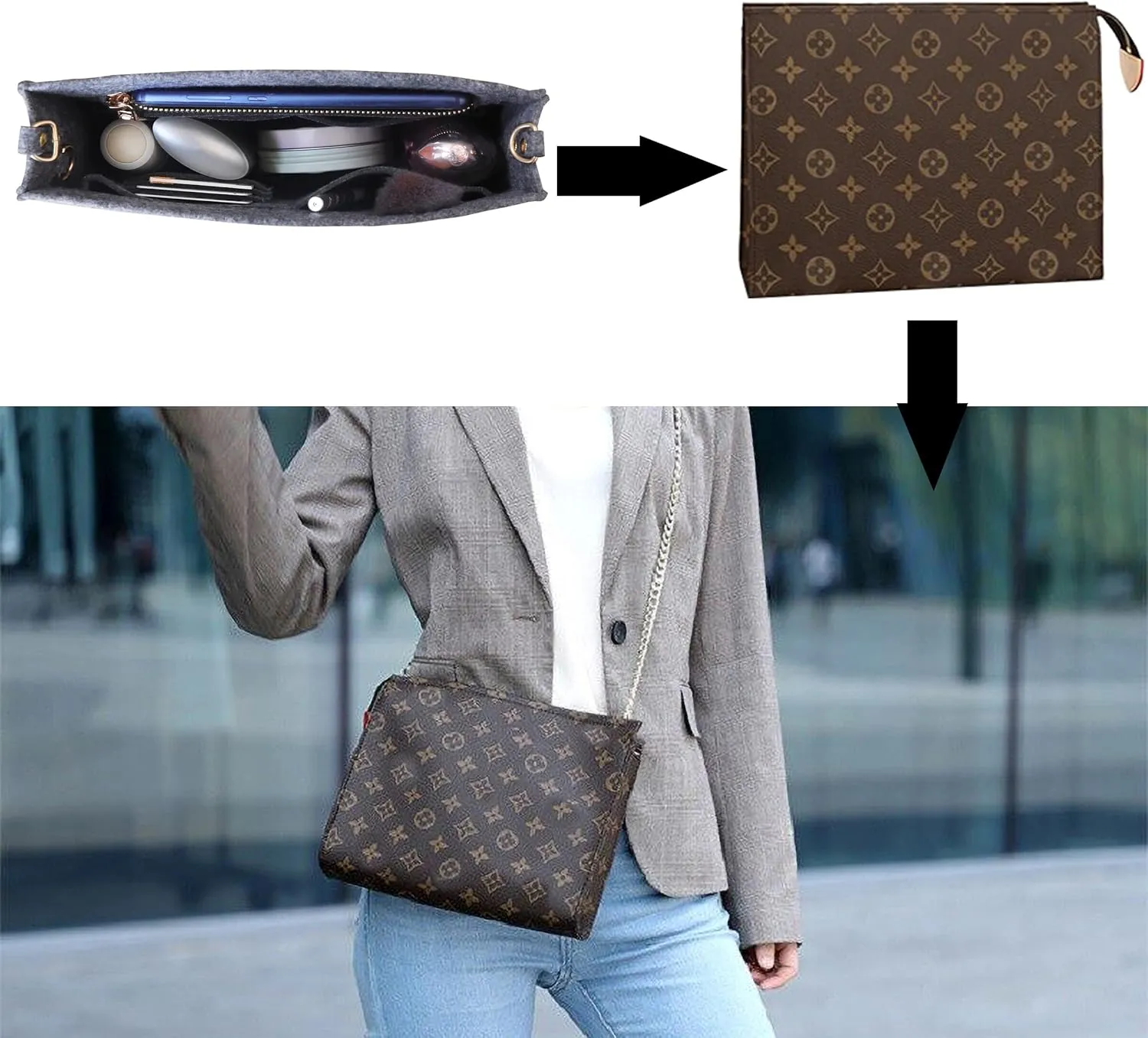 MISIXILE Felt Purse Insert Bag Organizer with Zipper And Gold Buckles,Handbag Organiser Insert fits Toiletry Pouch 19 26