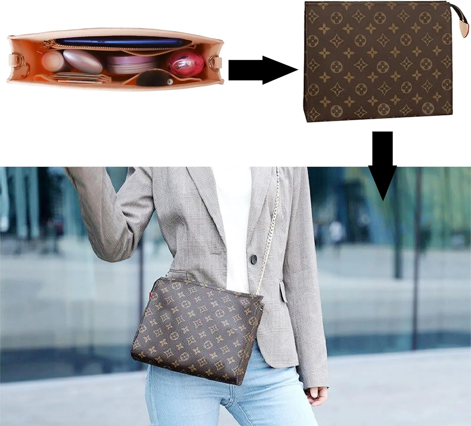 MISIXILE Felt Purse Insert Bag Organizer with Zipper And Gold Buckles,Handbag Organiser Insert fits Toiletry Pouch 19 26
