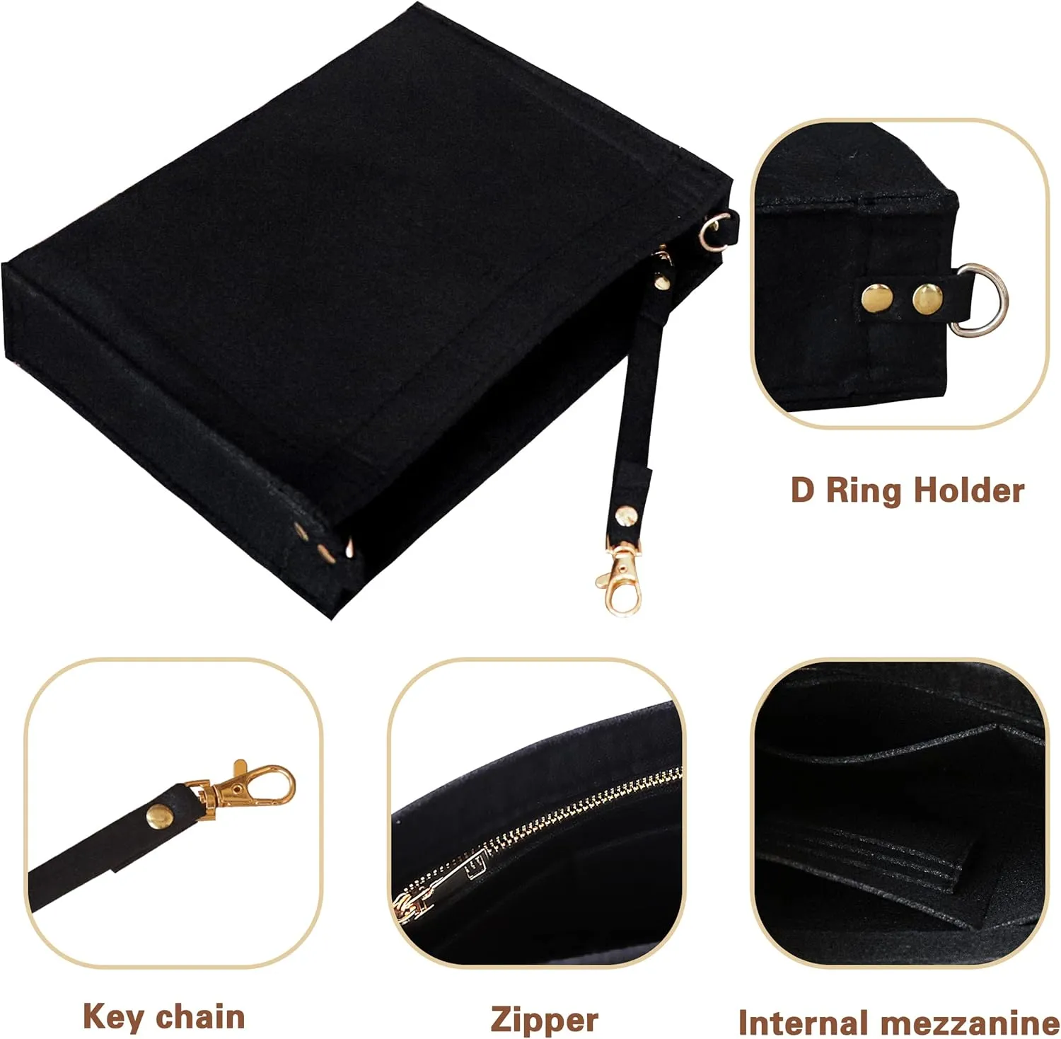 MISIXILE Felt Purse Insert Bag Organizer with Zipper And Gold Buckles,Handbag Organiser Insert fits Toiletry Pouch 19 26