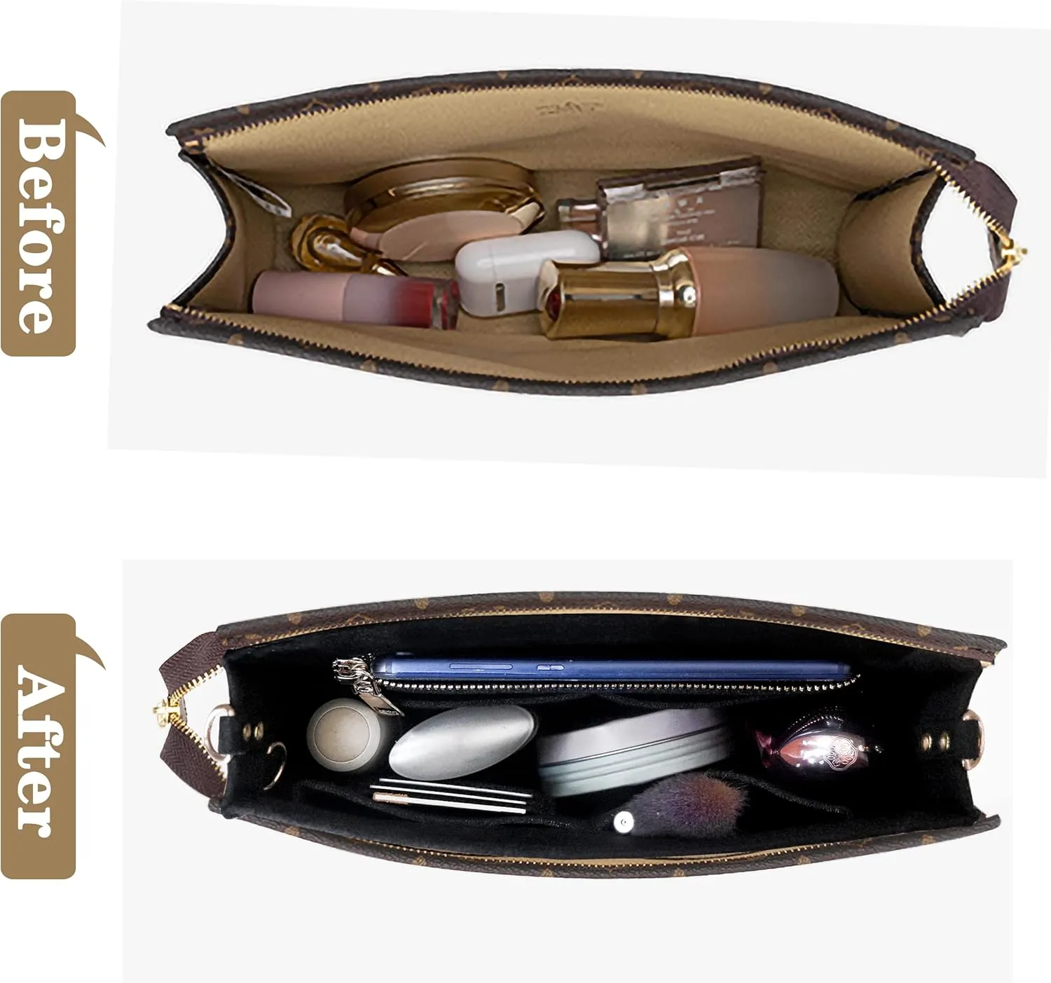 MISIXILE Felt Purse Insert Bag Organizer with Zipper And Gold Buckles,Handbag Organiser Insert fits Toiletry Pouch 19 26