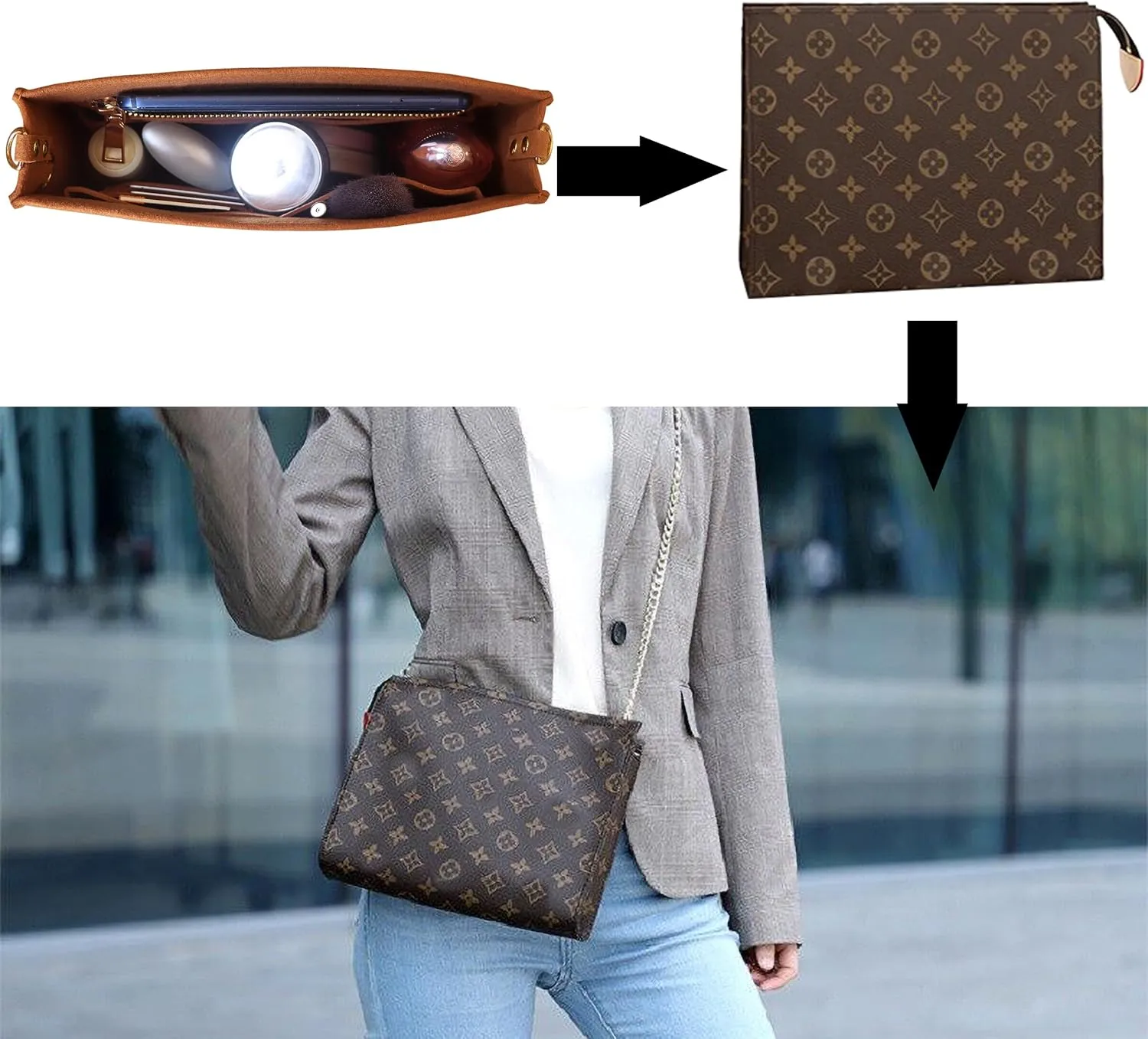 MISIXILE Felt Purse Insert Bag Organizer with Zipper And Gold Buckles,Handbag Organiser Insert fits Toiletry Pouch 19 26