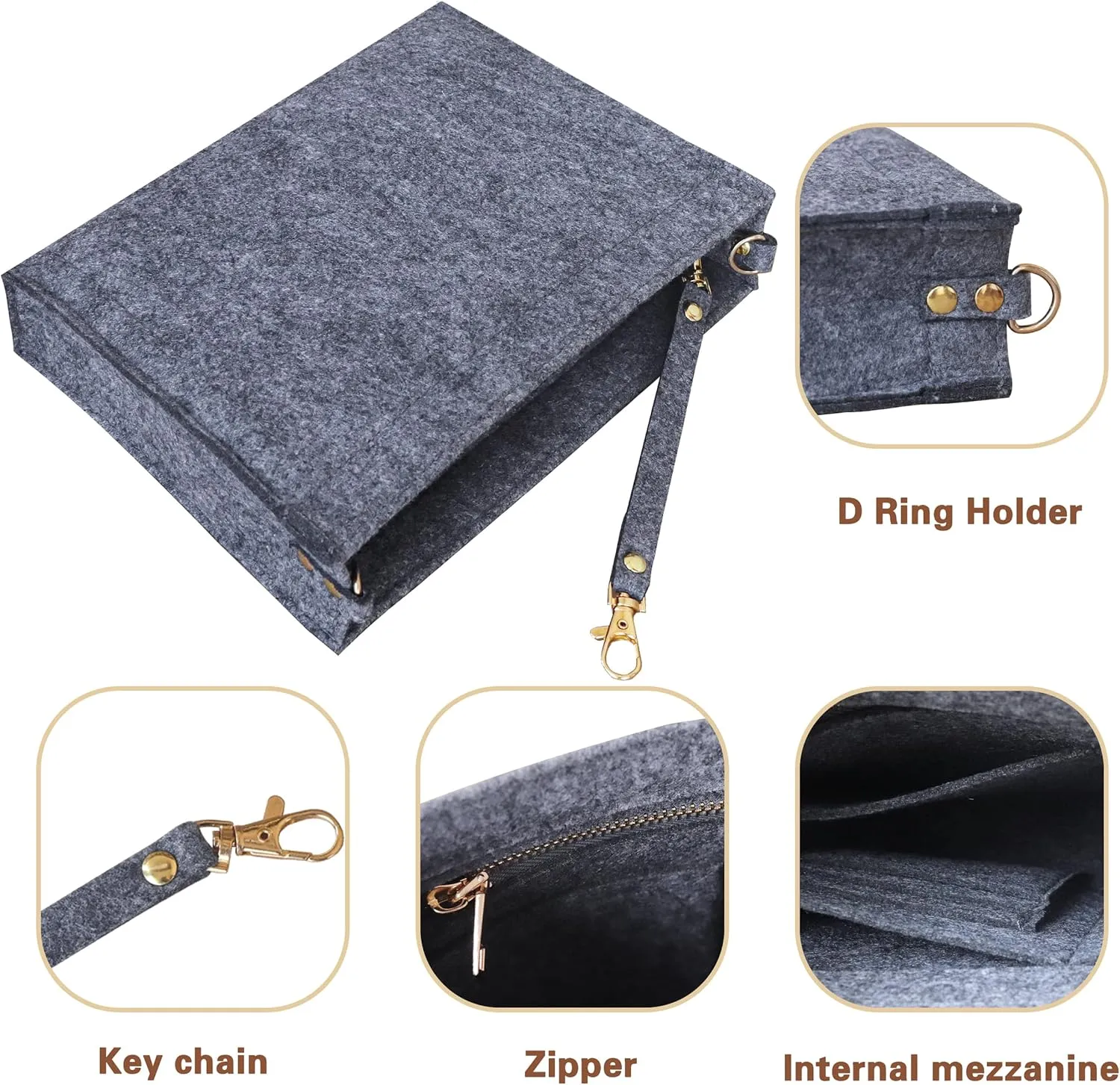 MISIXILE Felt Purse Insert Bag Organizer with Zipper And Gold Buckles,Handbag Organiser Insert fits Toiletry Pouch 19 26