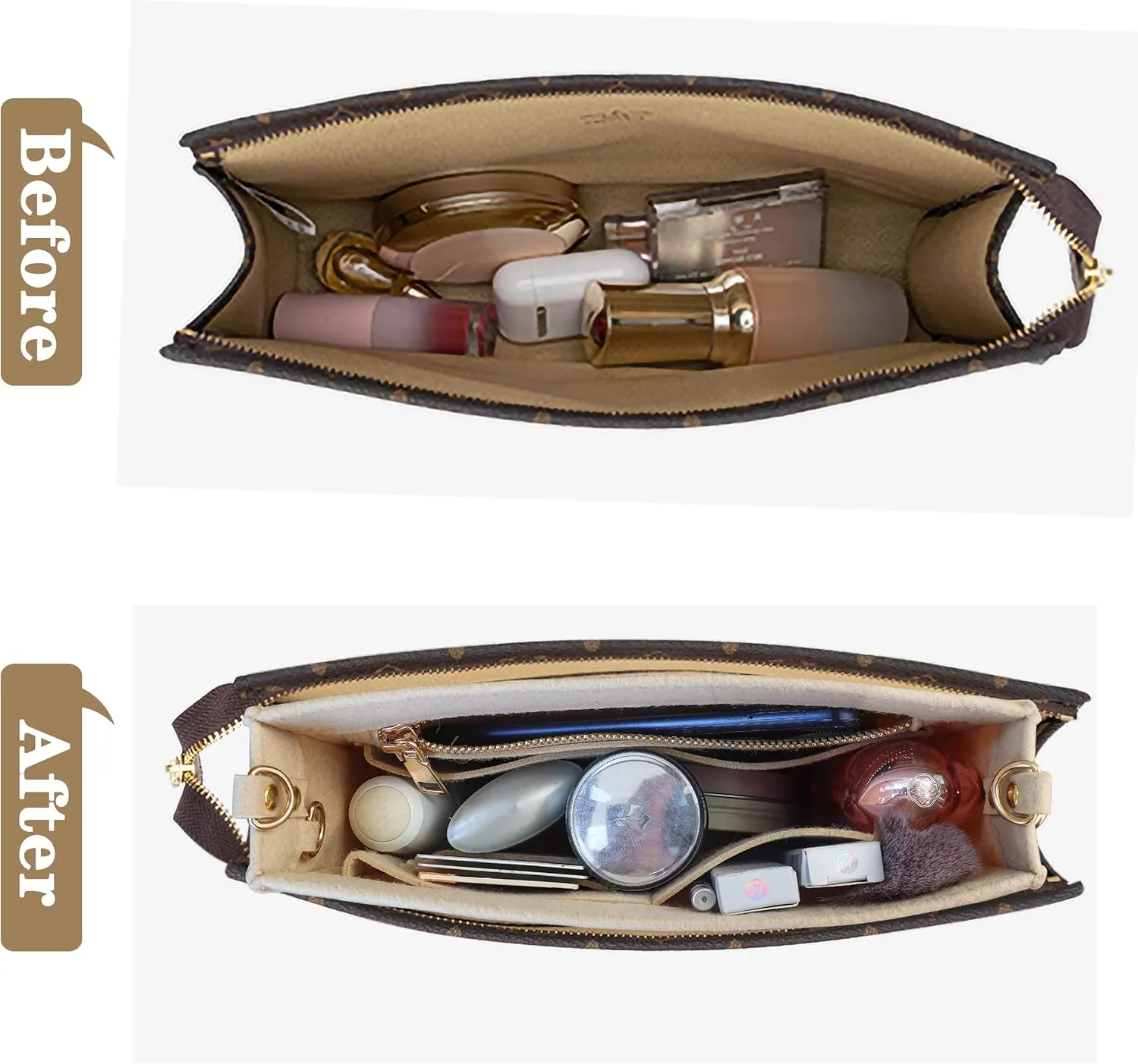 MISIXILE Felt Purse Insert Bag Organizer with Zipper And Gold Buckles,Handbag Organiser Insert fits Toiletry Pouch 19 26