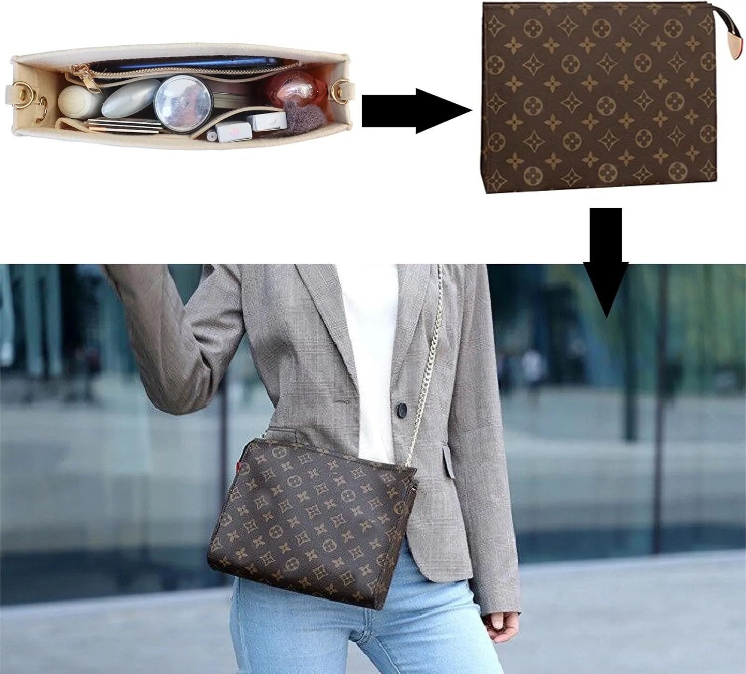 MISIXILE Felt Purse Insert Bag Organizer with Zipper And Gold Buckles,Handbag Organiser Insert fits Toiletry Pouch 19 26