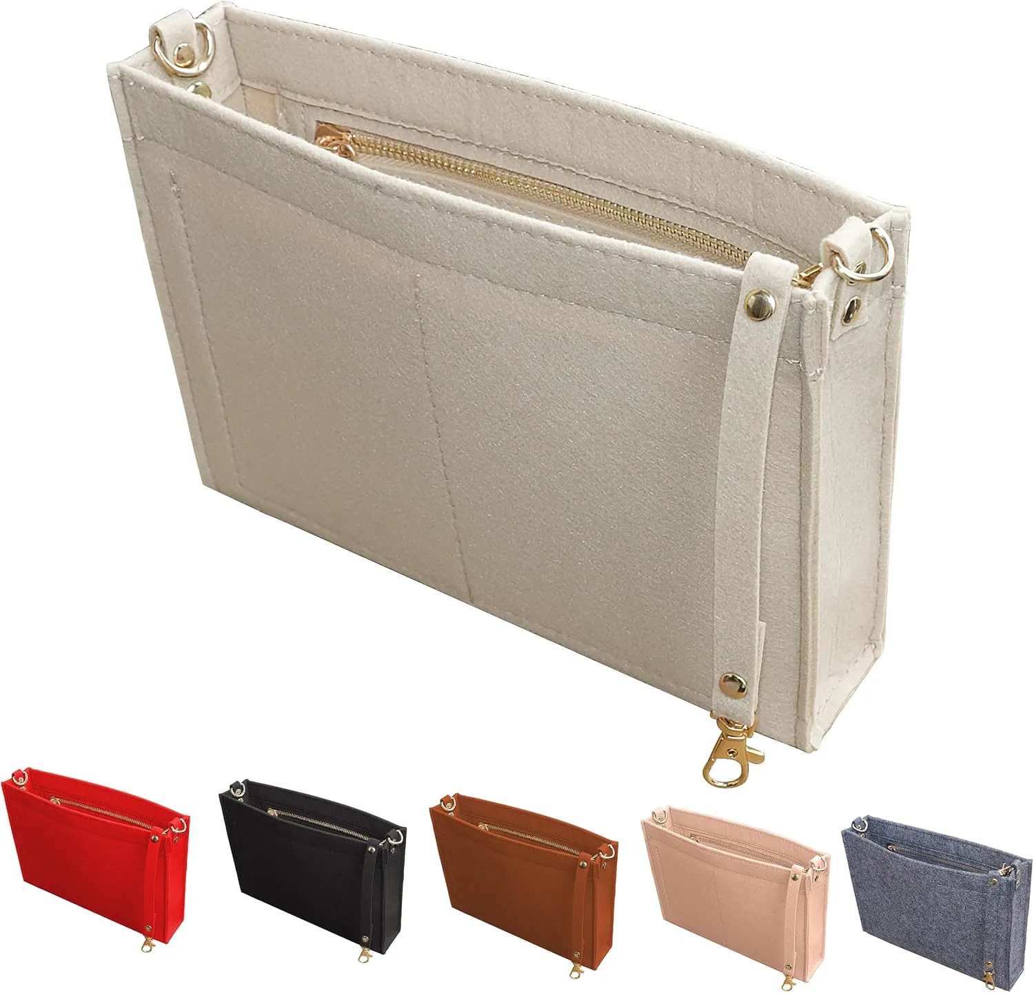 MISIXILE Felt Purse Insert Bag Organizer with Zipper And Gold Buckles,Handbag Organiser Insert fits Toiletry Pouch 19 26