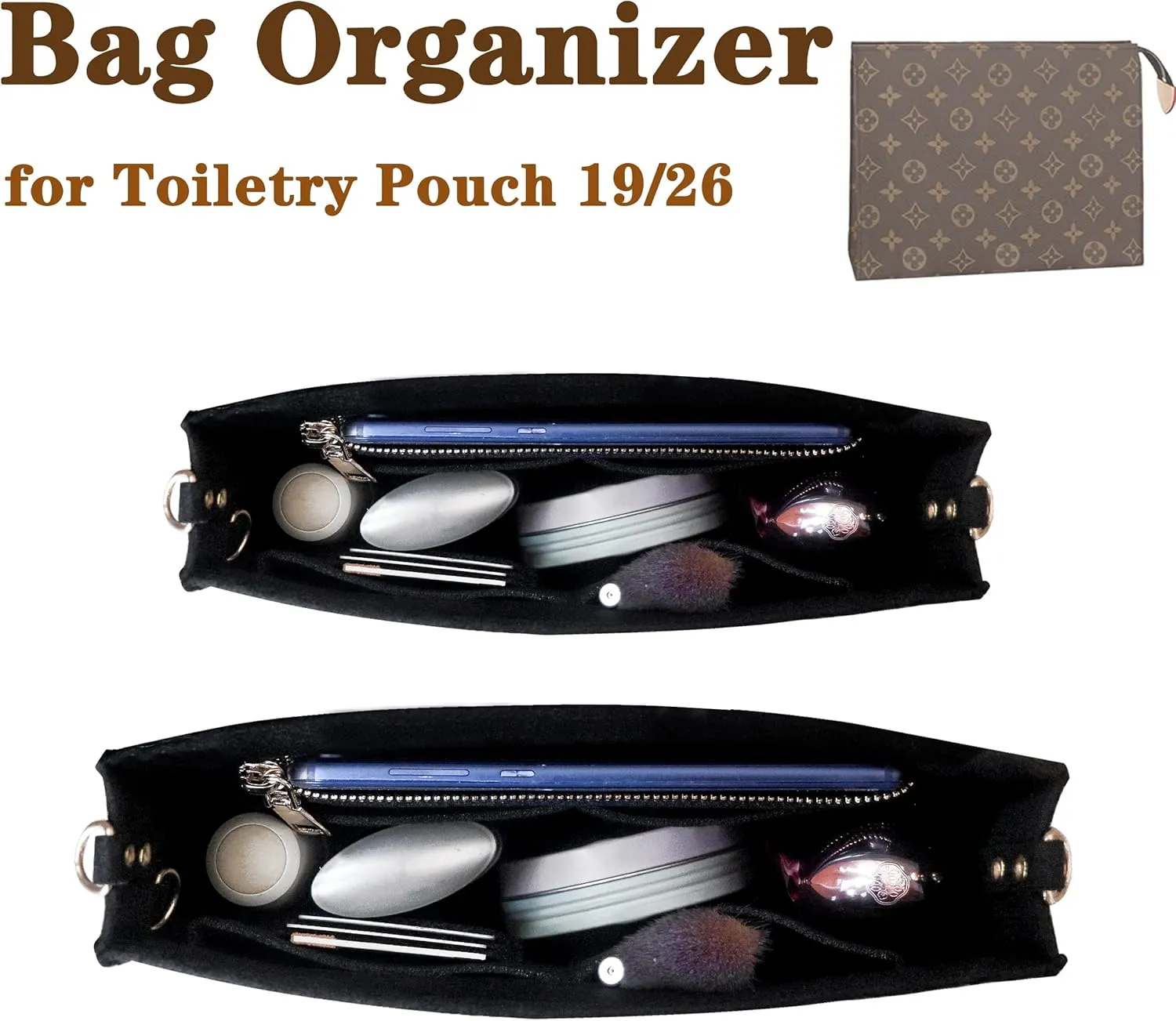 MISIXILE Felt Purse Insert Bag Organizer with Zipper And Gold Buckles,Handbag Organiser Insert fits Toiletry Pouch 19 26