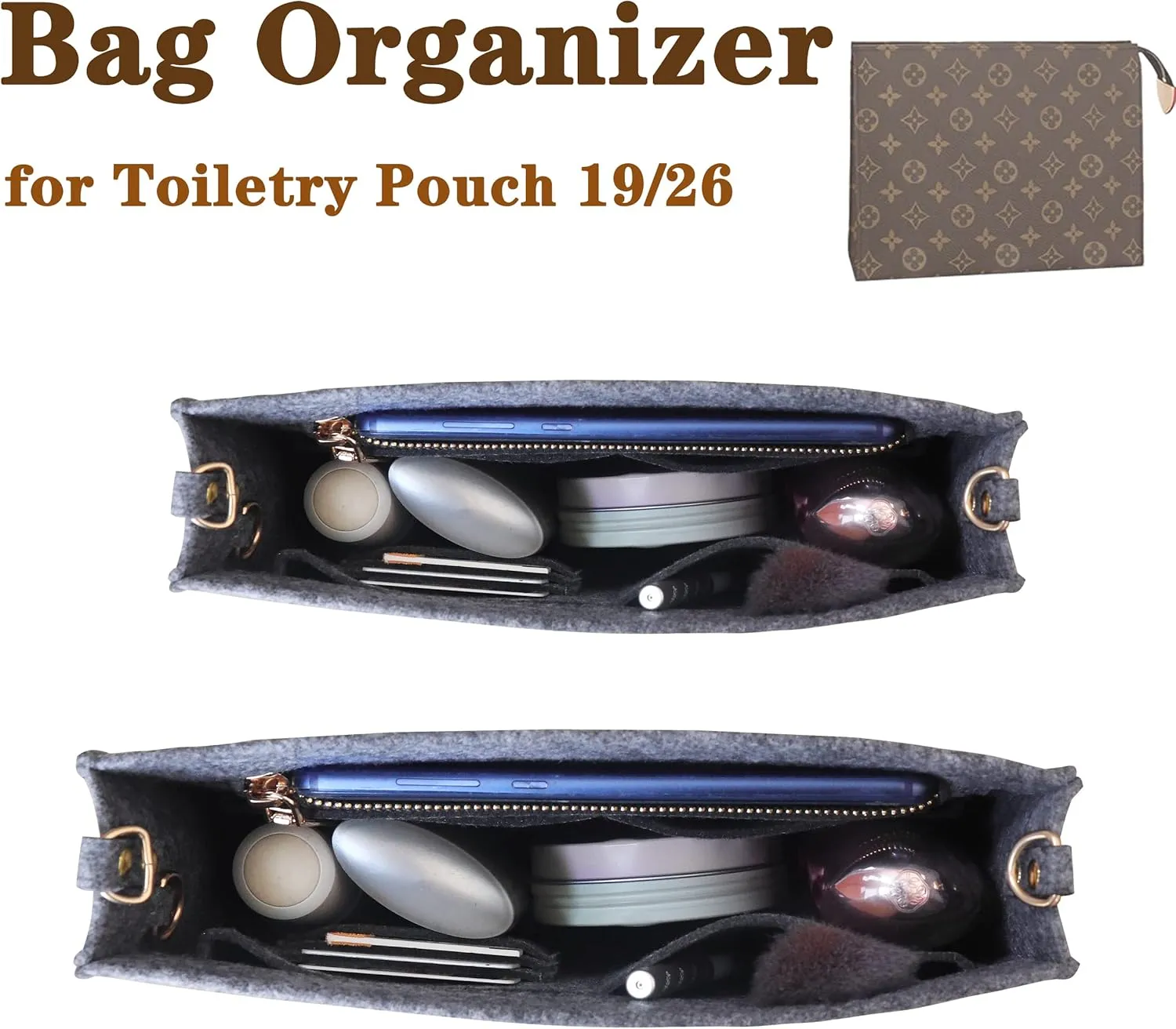 MISIXILE Felt Purse Insert Bag Organizer with Zipper And Gold Buckles,Handbag Organiser Insert fits Toiletry Pouch 19 26