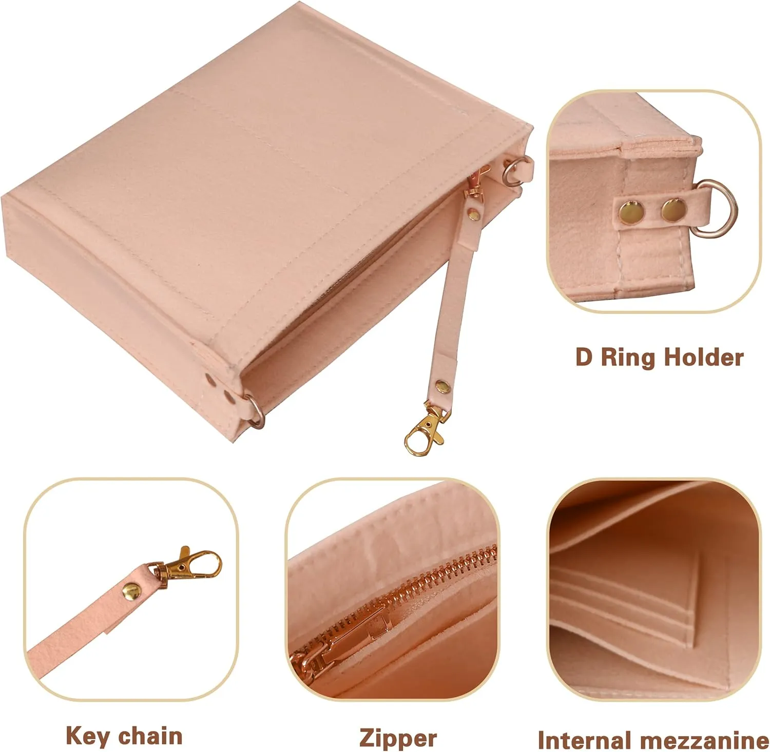 MISIXILE Felt Purse Insert Bag Organizer with Zipper And Gold Buckles,Handbag Organiser Insert fits Toiletry Pouch 19 26